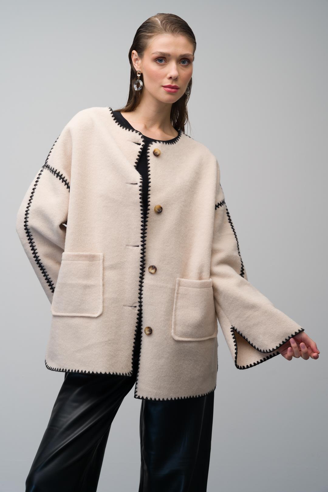 Nakış Detaylı Torba Cepli Astarsız Salaş Kaban BEJ 3077