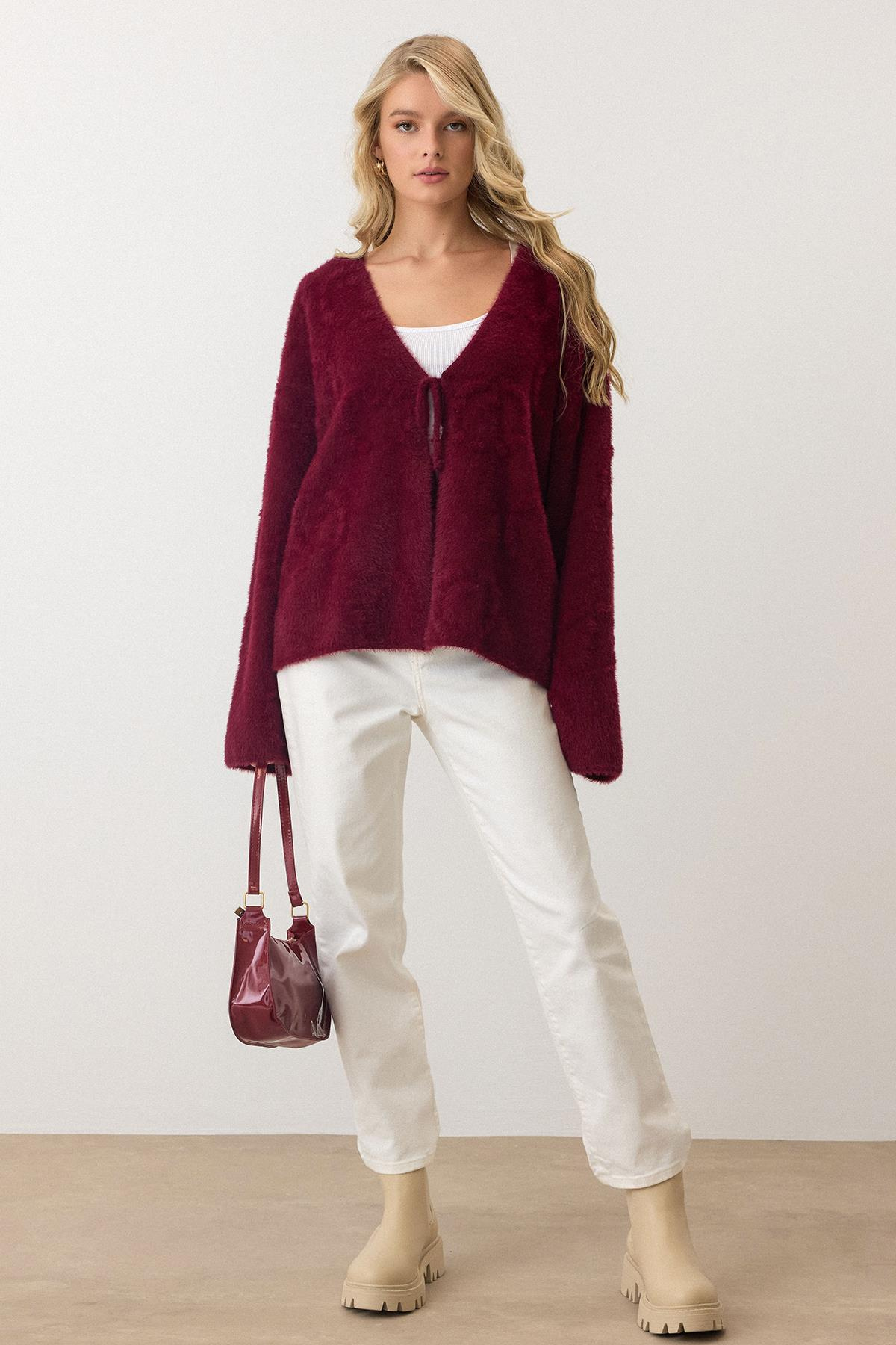 Önden Bağlamalı Soft Triko Hırka BORDO 8267