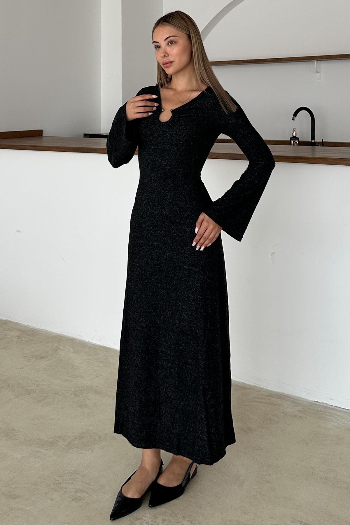 Önü Aksesuarlı Örme Elbise ANTRASİT 9367-E