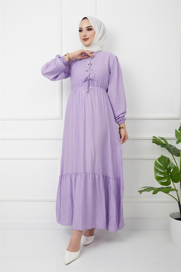 Önü Bağcık Detaylı Beli ve Robası Büzgülü Elbise LİLA 4037-E