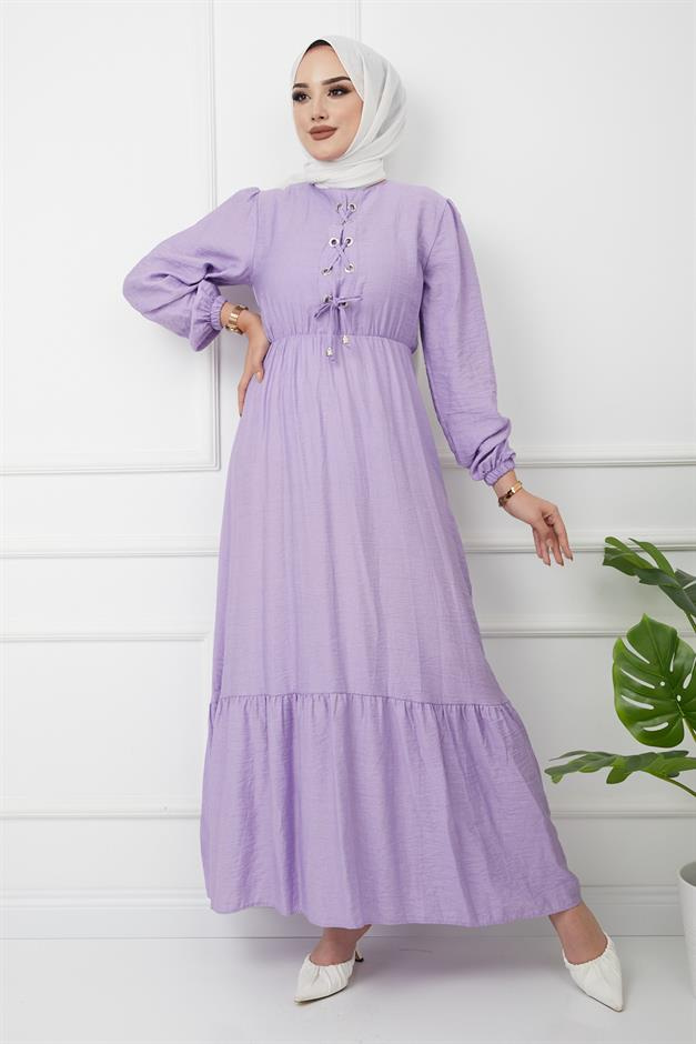 Önü Bağcık Detaylı Beli ve Robası Büzgülü Elbise LİLA 4037-E
