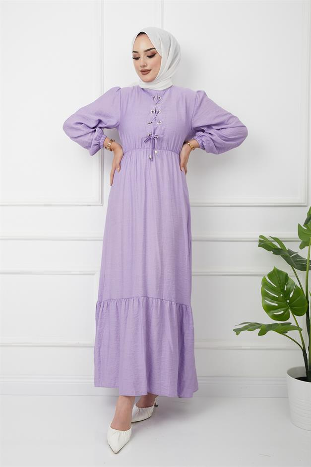 Önü Bağcık Detaylı Beli ve Robası Büzgülü Elbise LİLA 4037-E