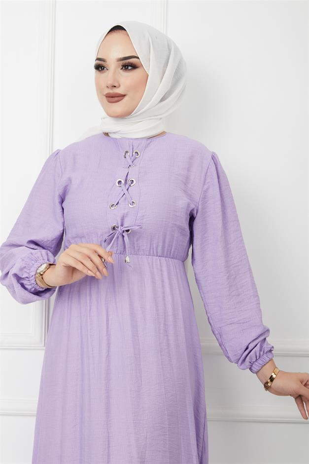 Önü Bağcık Detaylı Beli ve Robası Büzgülü Elbise LİLA 4037-E