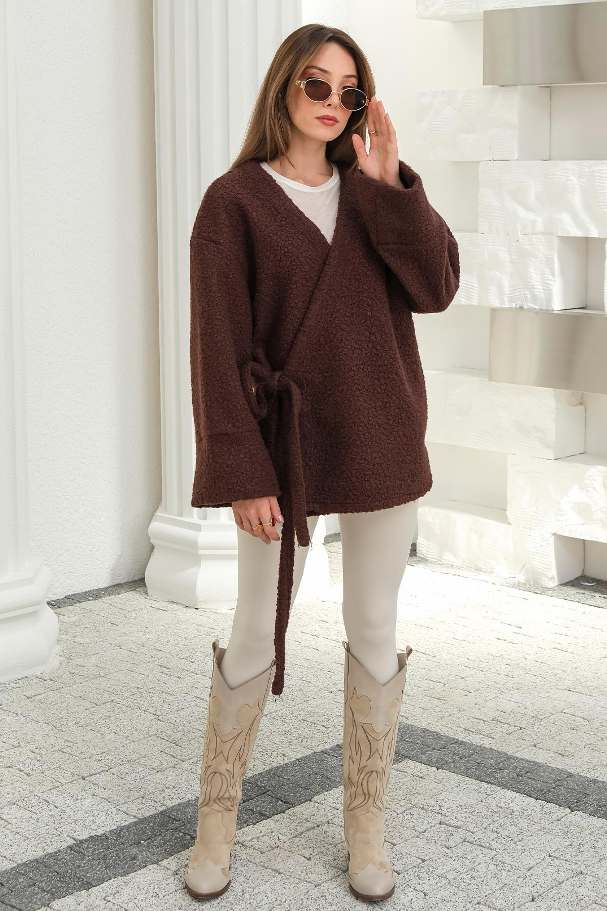 Önü Bağlamalı Buklet Kimono Ceket KAHVE 8265