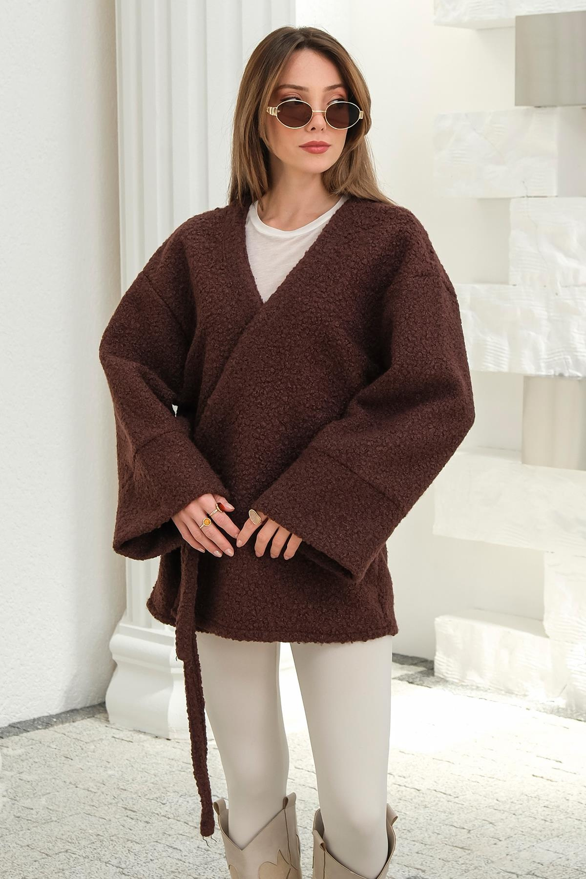 Önü Bağlamalı Buklet Kimono Ceket KAHVE 8265