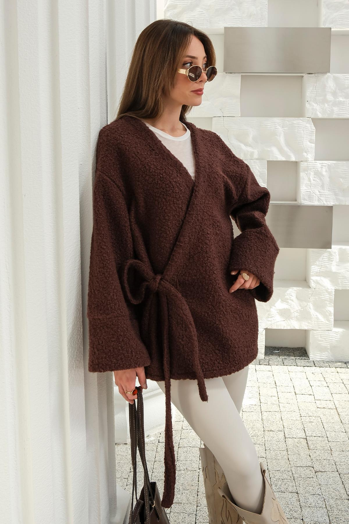 Önü Bağlamalı Buklet Kimono Ceket KAHVE 8265