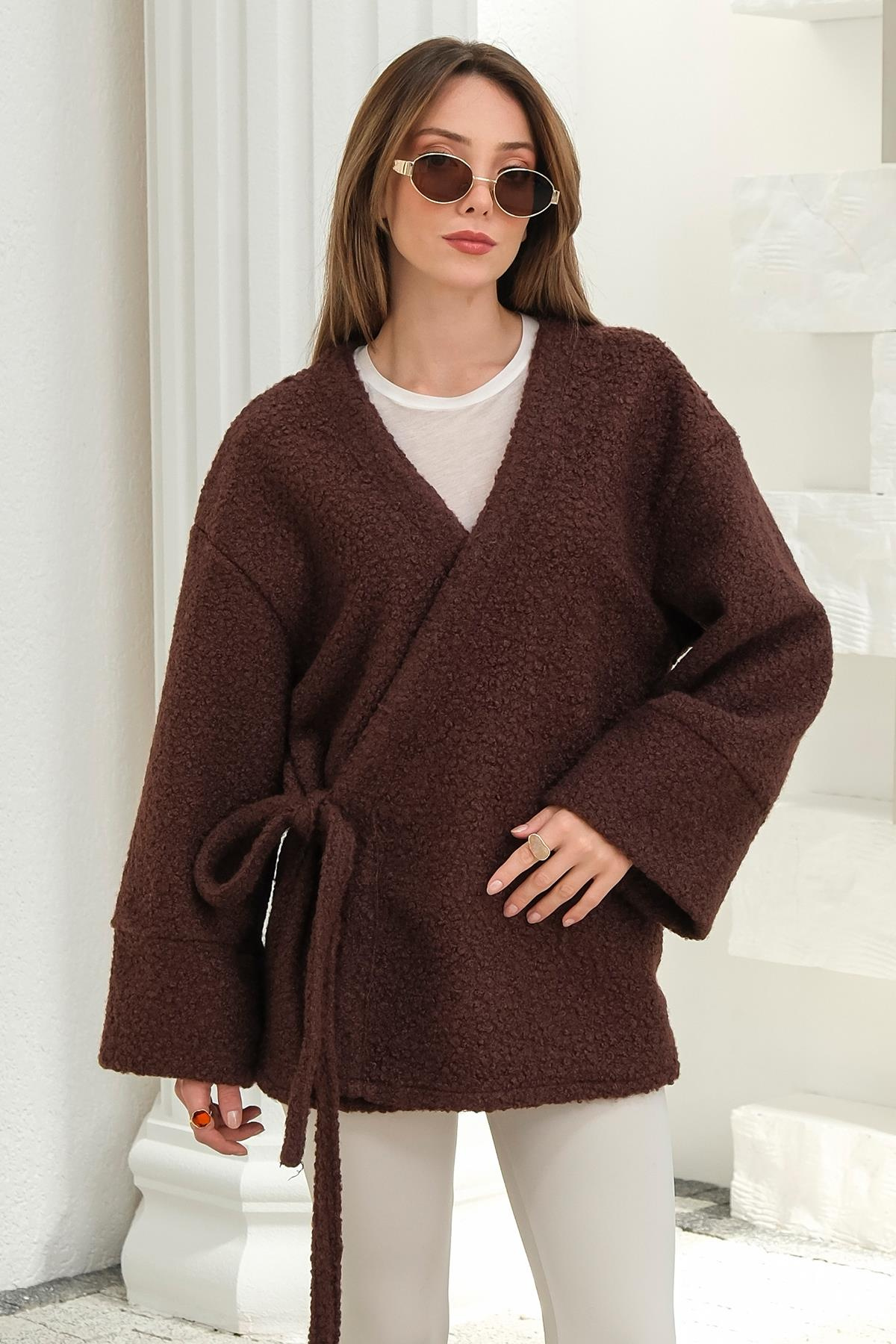 Önü Bağlamalı Buklet Kimono Ceket KAHVE 8265