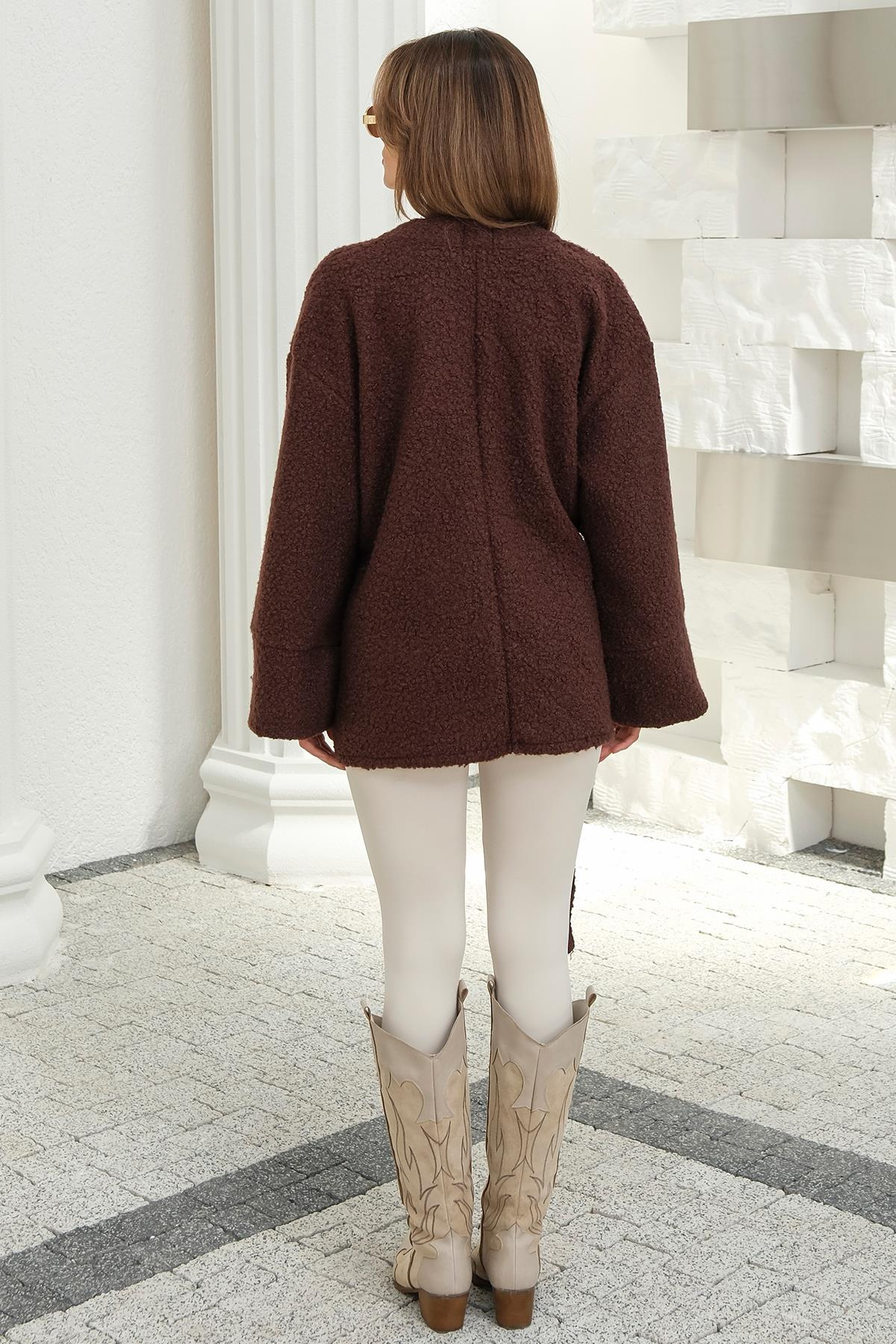 Önü Bağlamalı Buklet Kimono Ceket KAHVE 8265