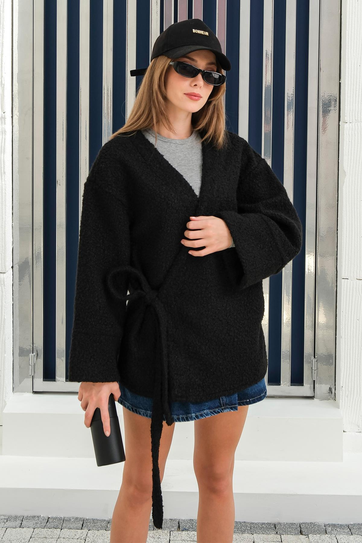 Önü Bağlamalı Buklet Kimono Ceket SİYAH 8265