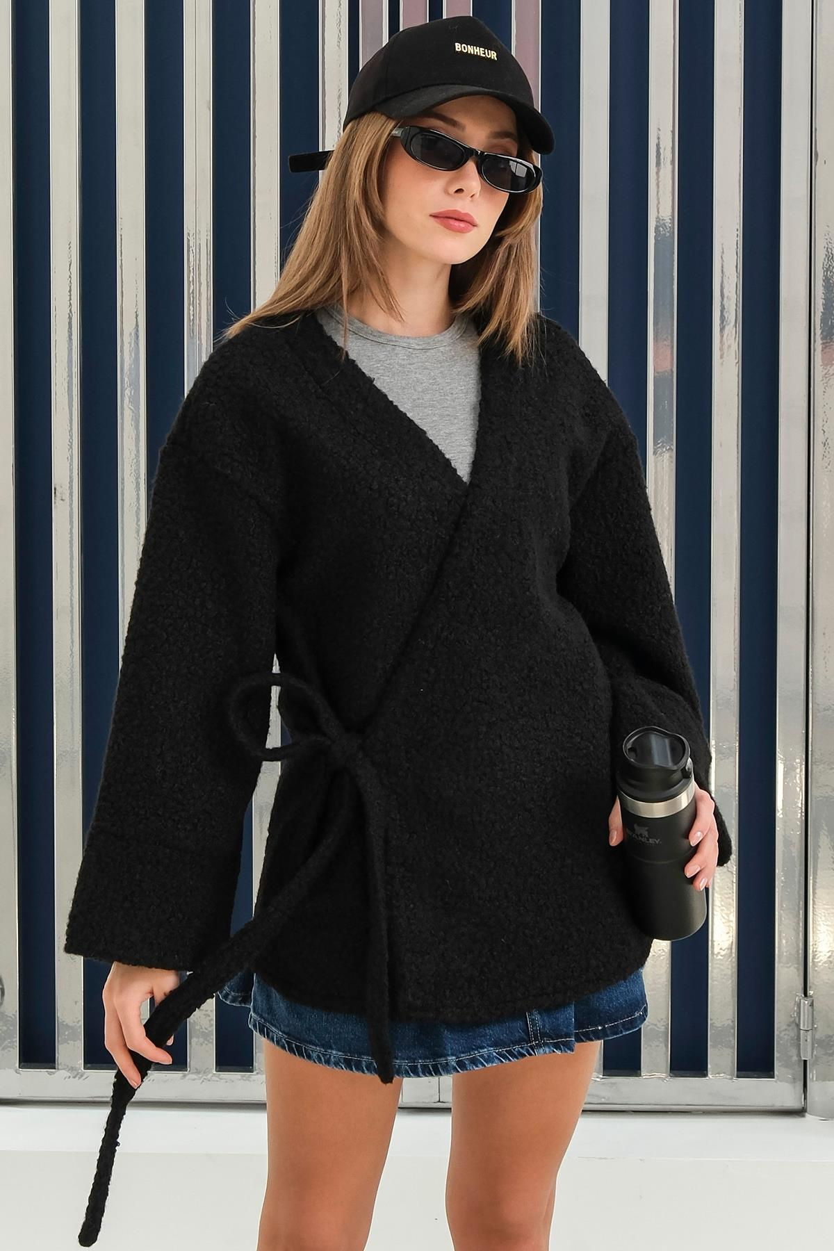 Önü Bağlamalı Buklet Kimono Ceket SİYAH 8265