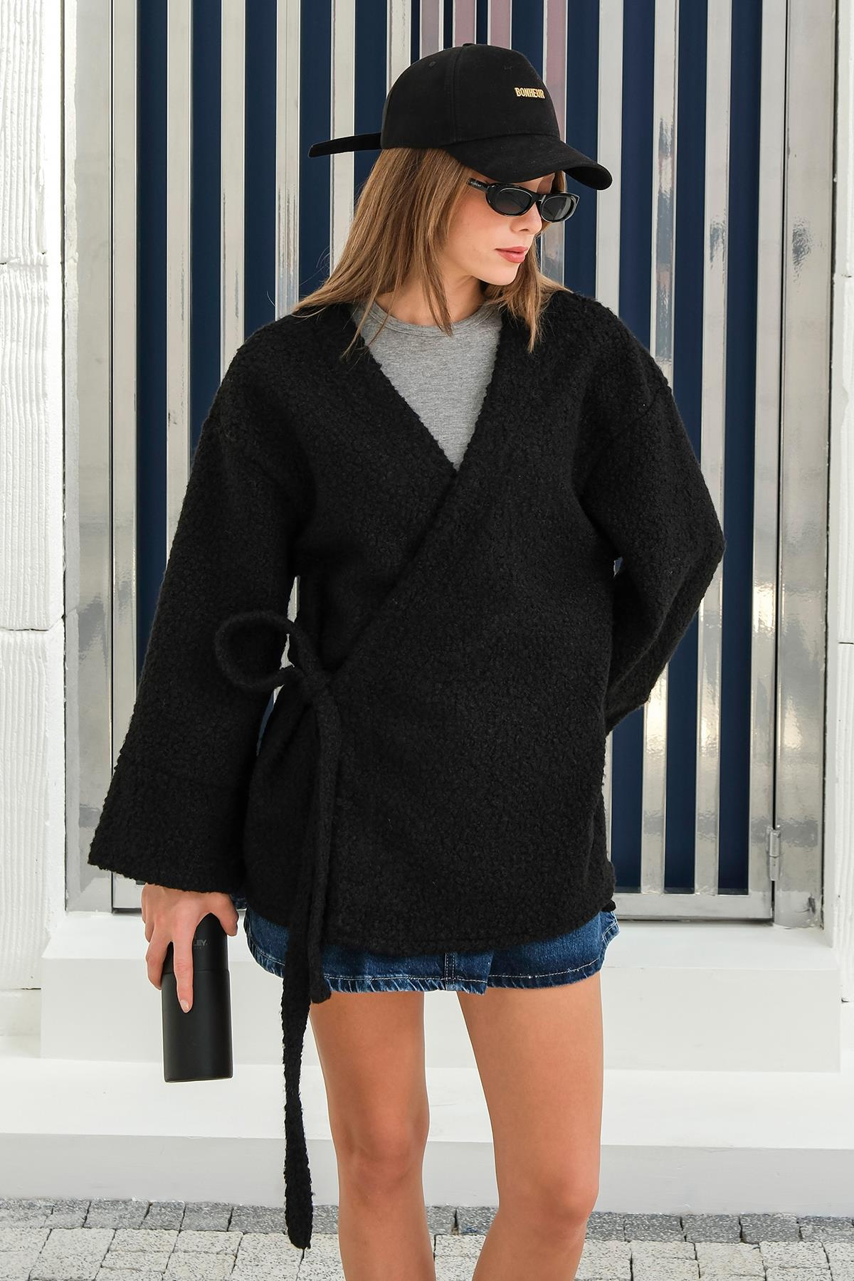 Önü Bağlamalı Buklet Kimono Ceket SİYAH 8265