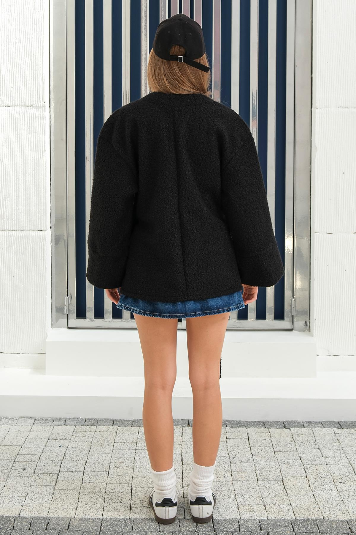 Önü Bağlamalı Buklet Kimono Ceket SİYAH 8265