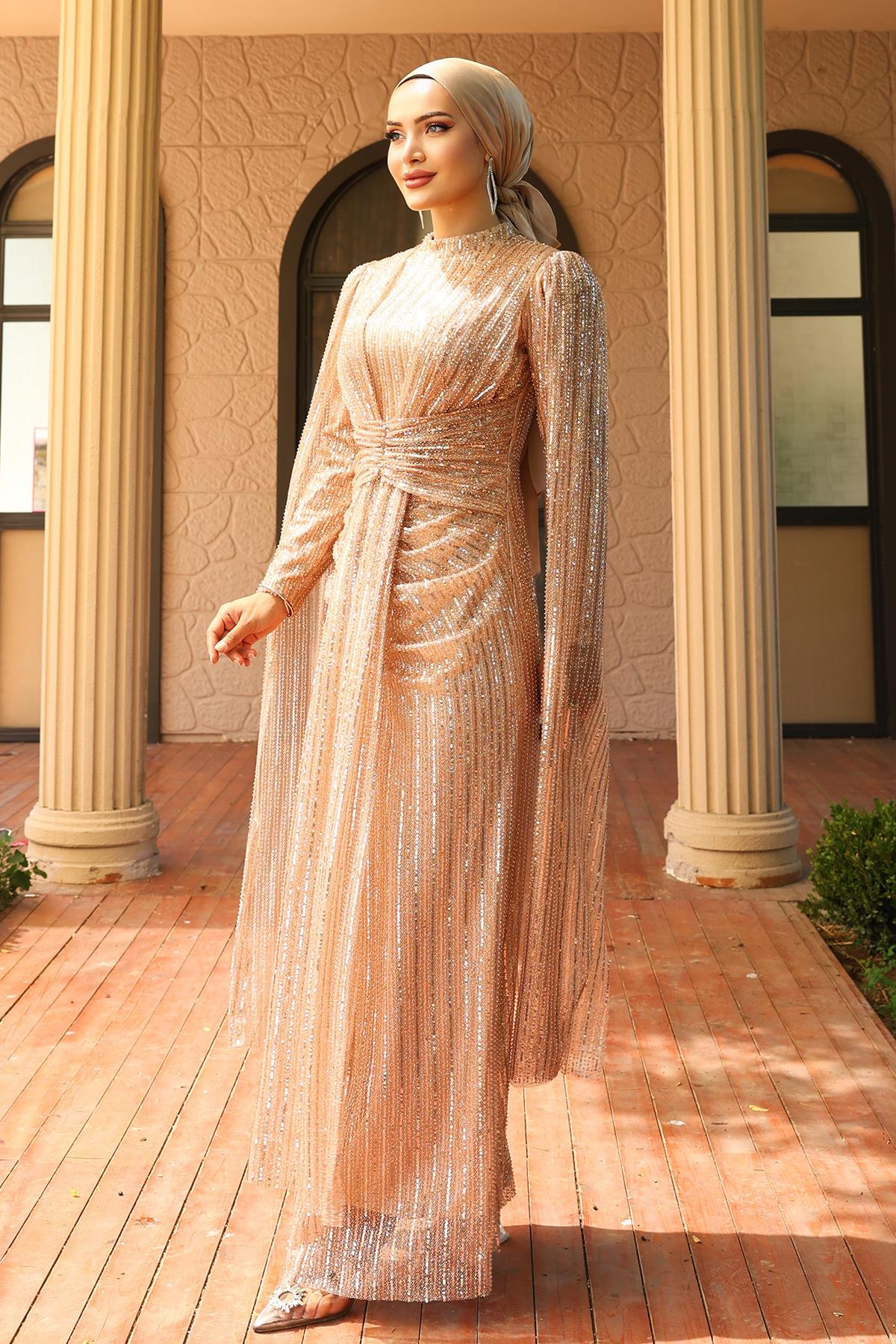 Önü Bağlamalı Pelerin Detaylı Pullu Payetli Tesettür Abiye Elbise KAMEL 1027