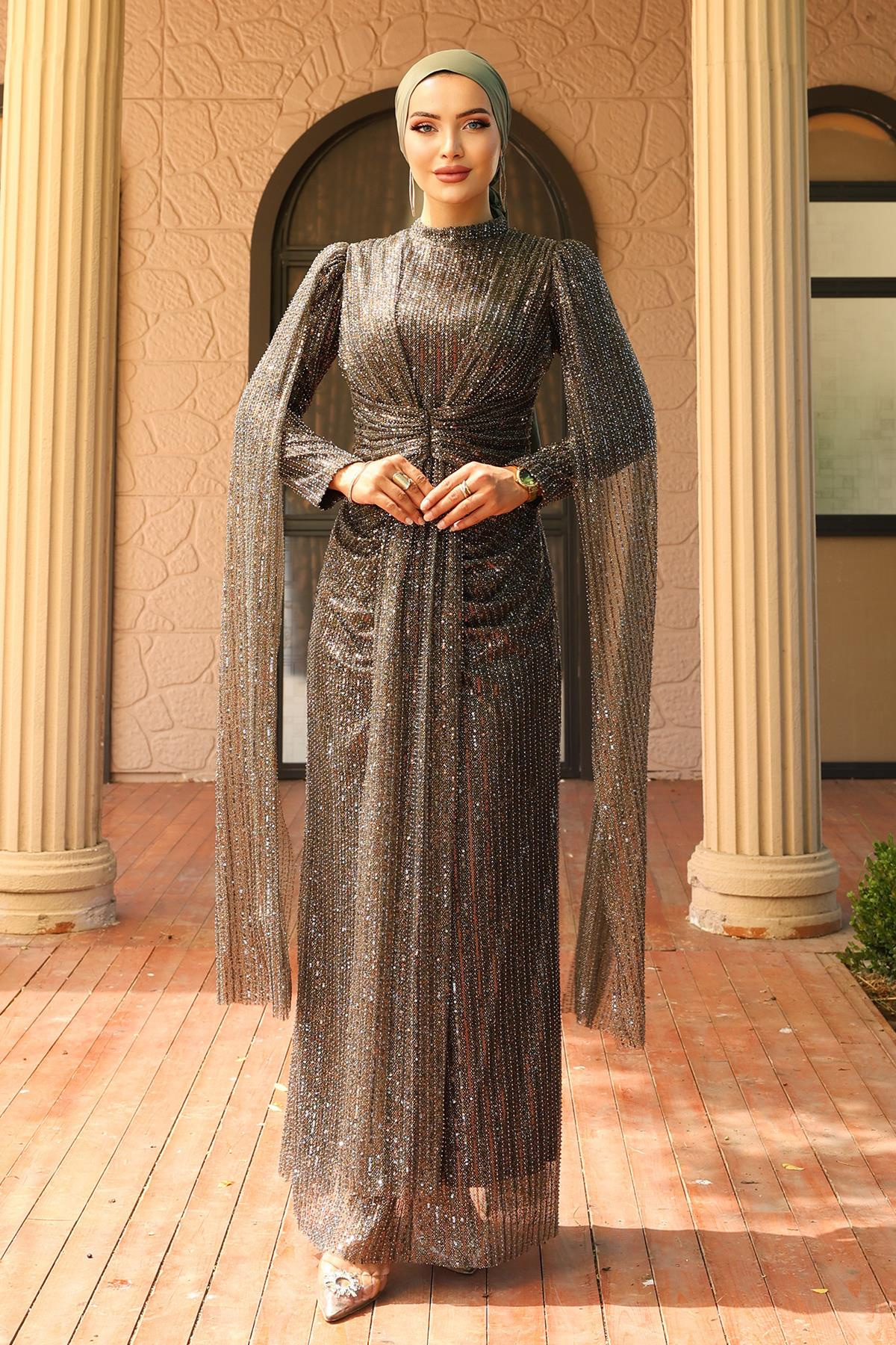 Önü Bağlamalı Pelerin Detaylı Pullu Payetli Tesettür Abiye Elbise KAHVE 1027