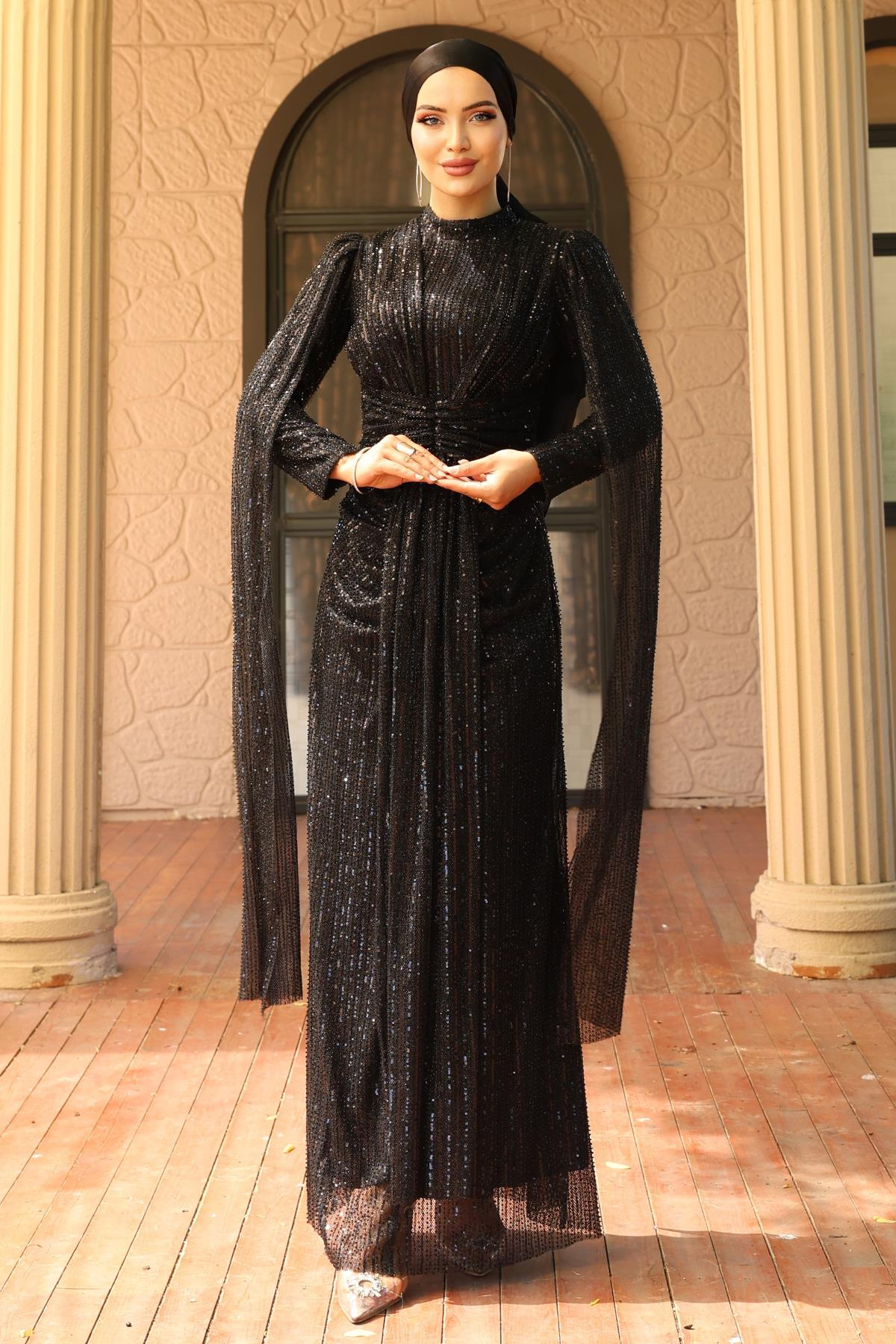 Önü Bağlamalı Pelerin Detaylı Pullu Payetli Tesettür Abiye Elbise SİYAH 1027