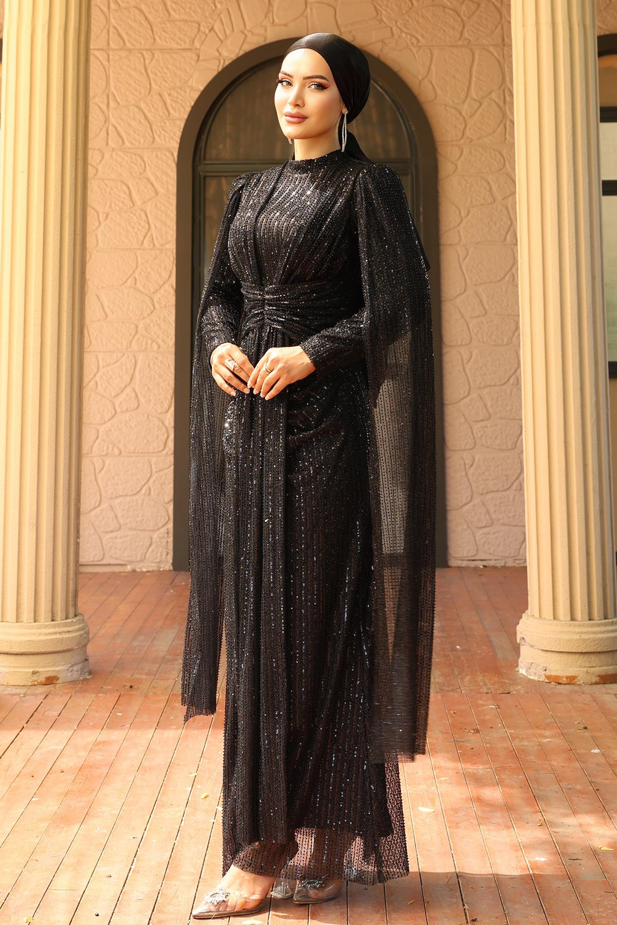 Önü Bağlamalı Pelerin Detaylı Pullu Payetli Tesettür Abiye Elbise SİYAH 1027
