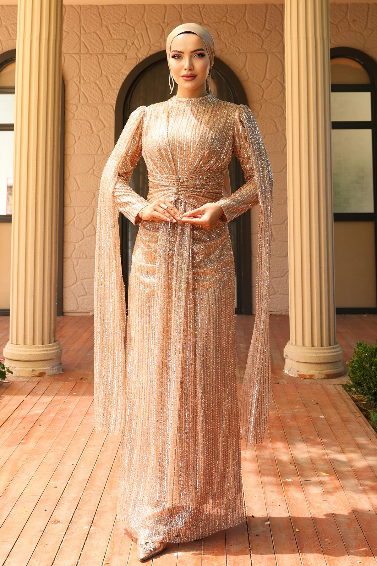 Önü Bağlamalı Pelerin Detaylı Pullu Payetli Tesettür Abiye Elbise KAMEL 1027