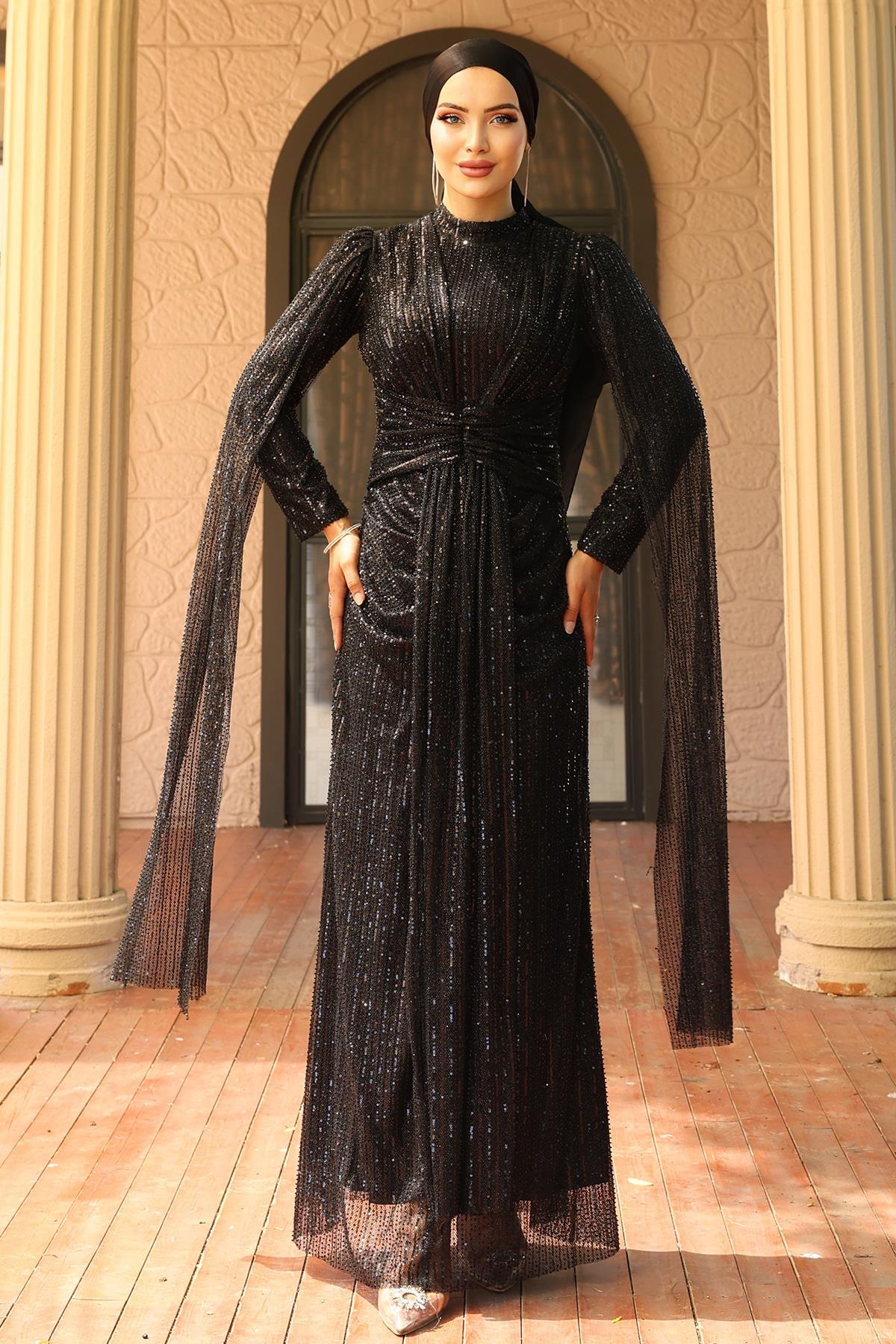 Önü Bağlamalı Pelerin Detaylı Pullu Payetli Tesettür Abiye Elbise SİYAH 1027