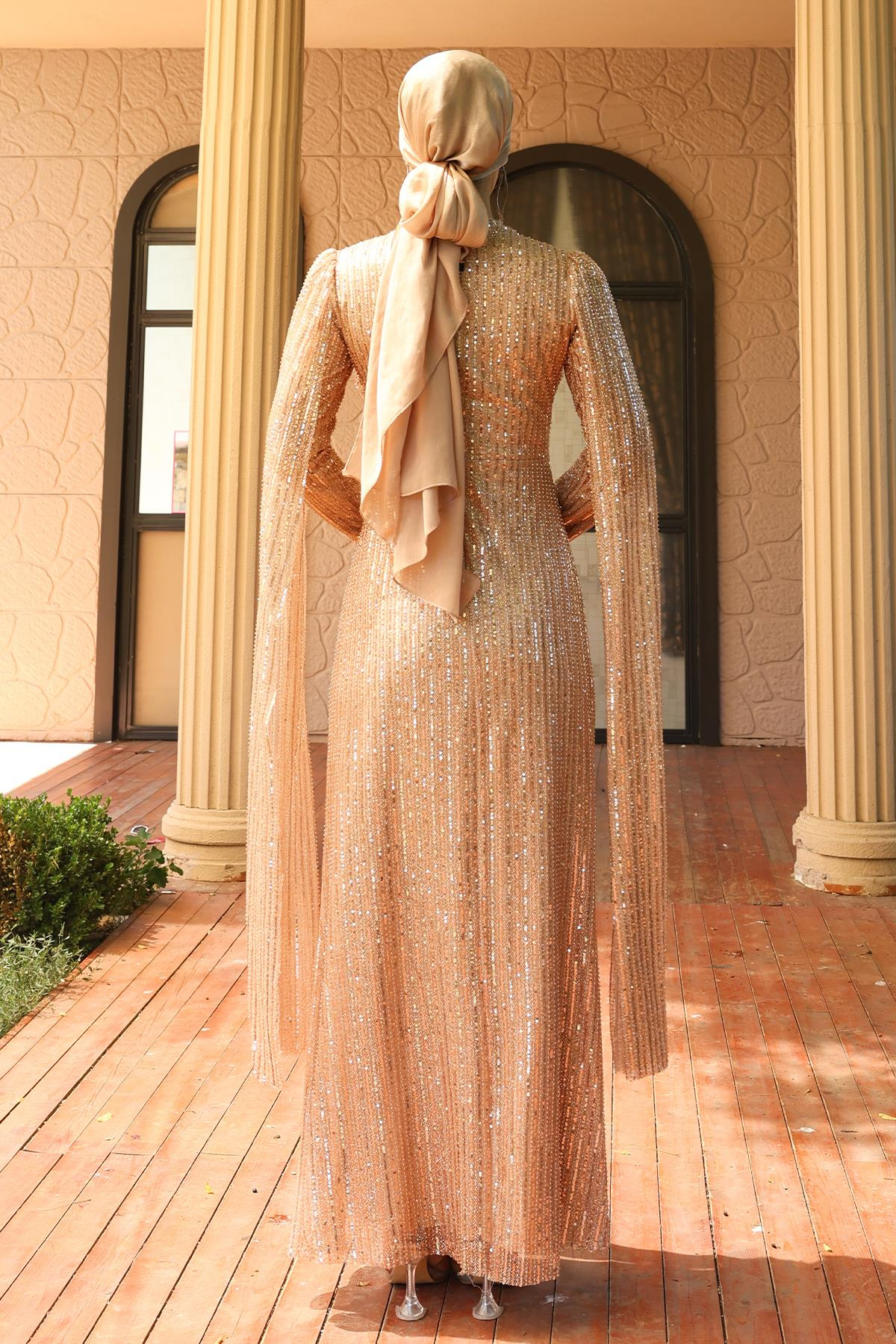 Önü Bağlamalı Pelerin Detaylı Pullu Payetli Tesettür Abiye Elbise KAMEL 1027