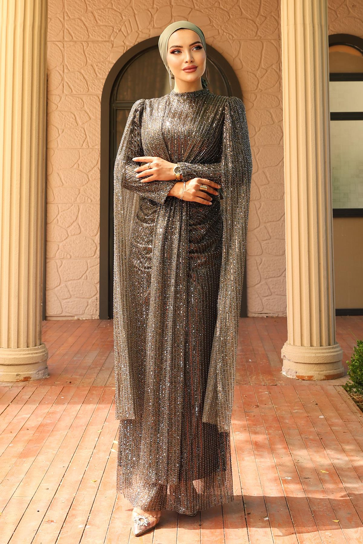 Önü Bağlamalı Pelerin Detaylı Pullu Payetli Tesettür Abiye Elbise KAHVE 1027