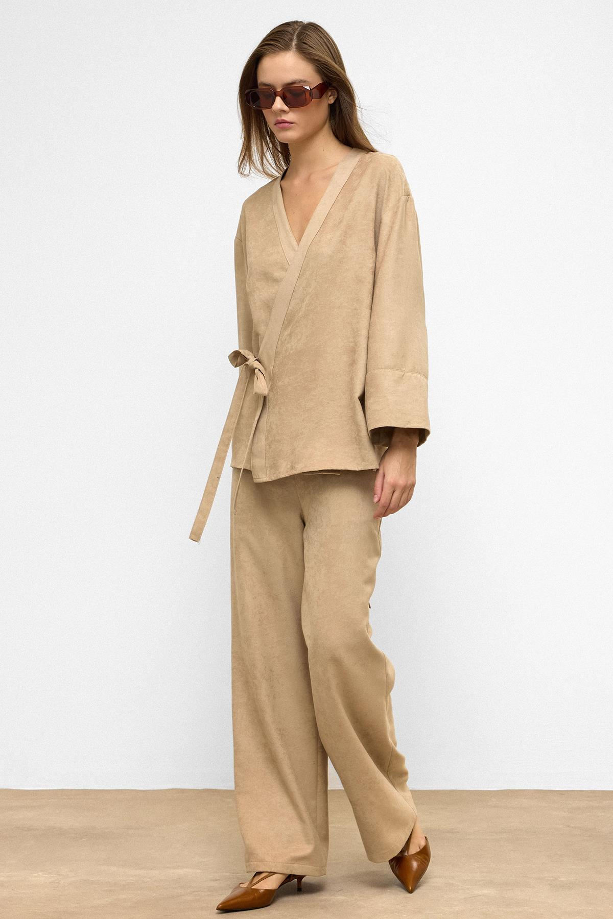 Önü Bağlamalı Süet Görünümlü Kimono İkili Takım TAŞ 9366-TK