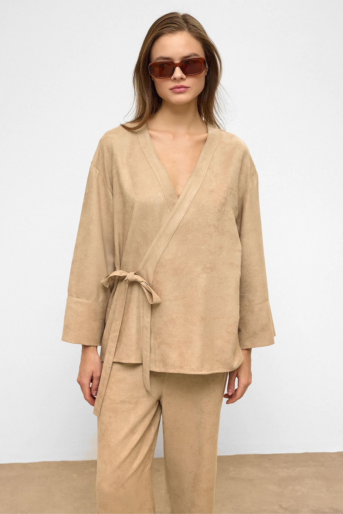 Önü Bağlamalı Süet Görünümlü Kimono İkili Takım TAŞ 9366-TK