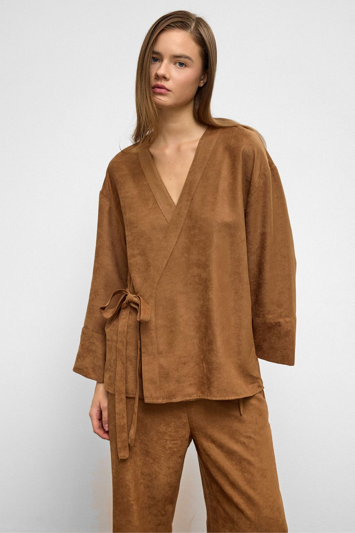 Önü Bağlamalı Süet Görünümlü Kimono İkili Takım KAMEL 9366-TK