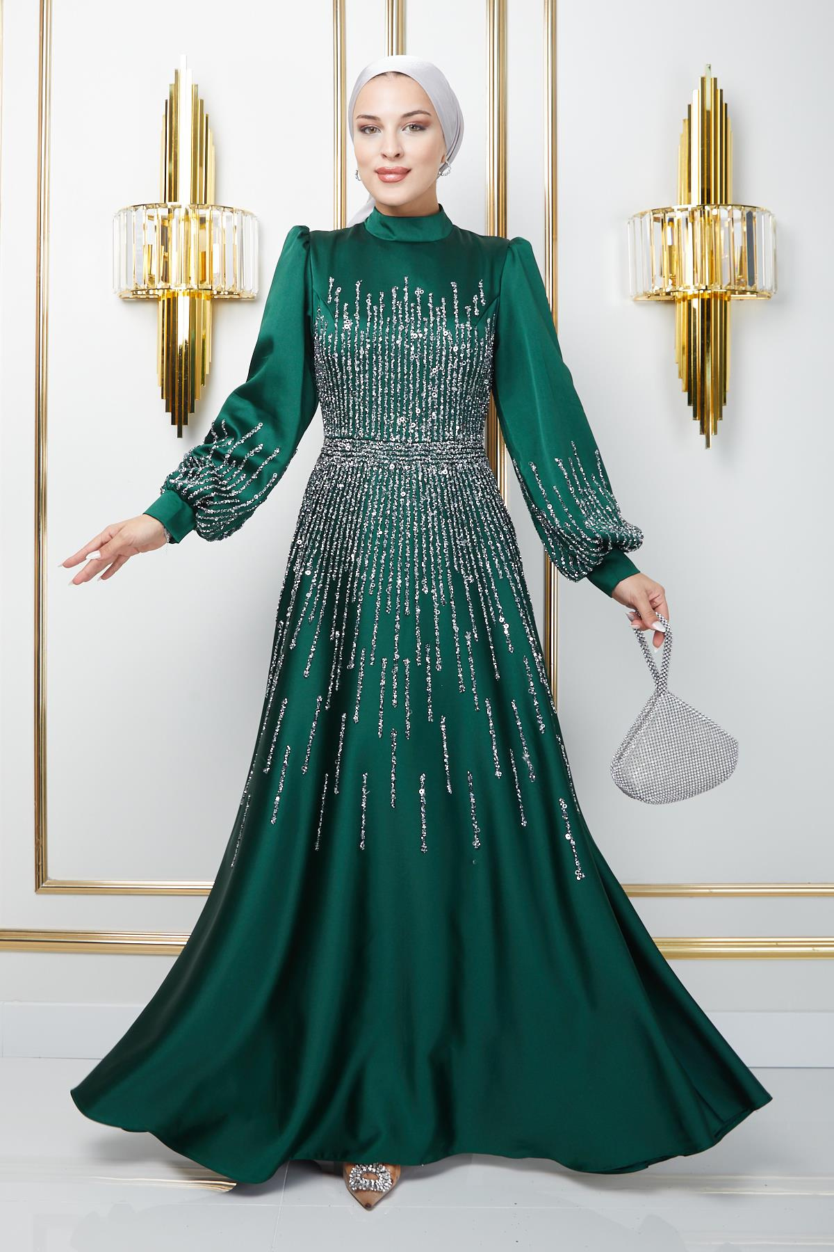 Satin Hijab Evening Dress with Stone Embellished Front GREEN 1670
