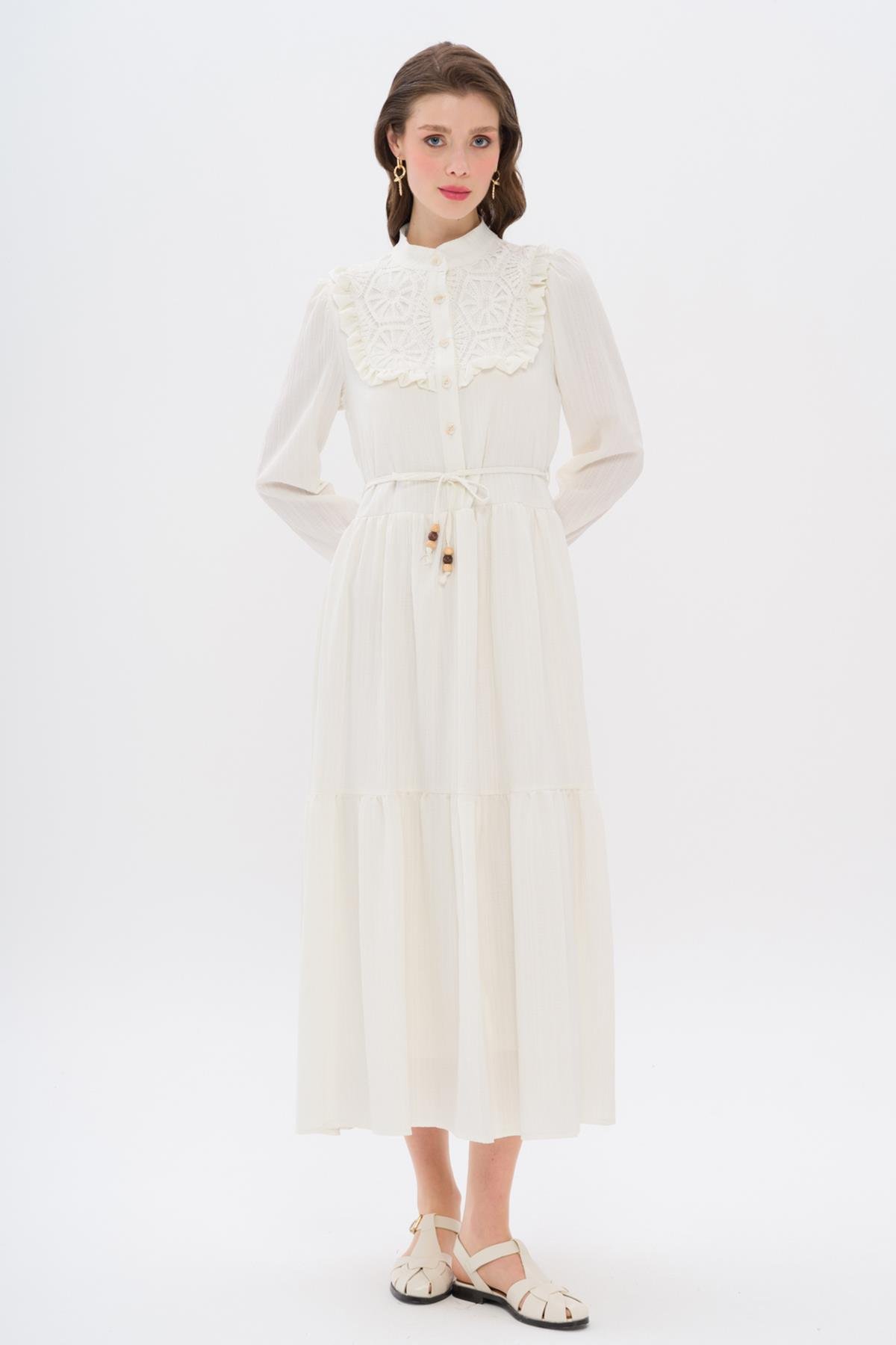 Önü FırFır ve Güpür Detaylı Astarlı Elbise EKRU 9322-E