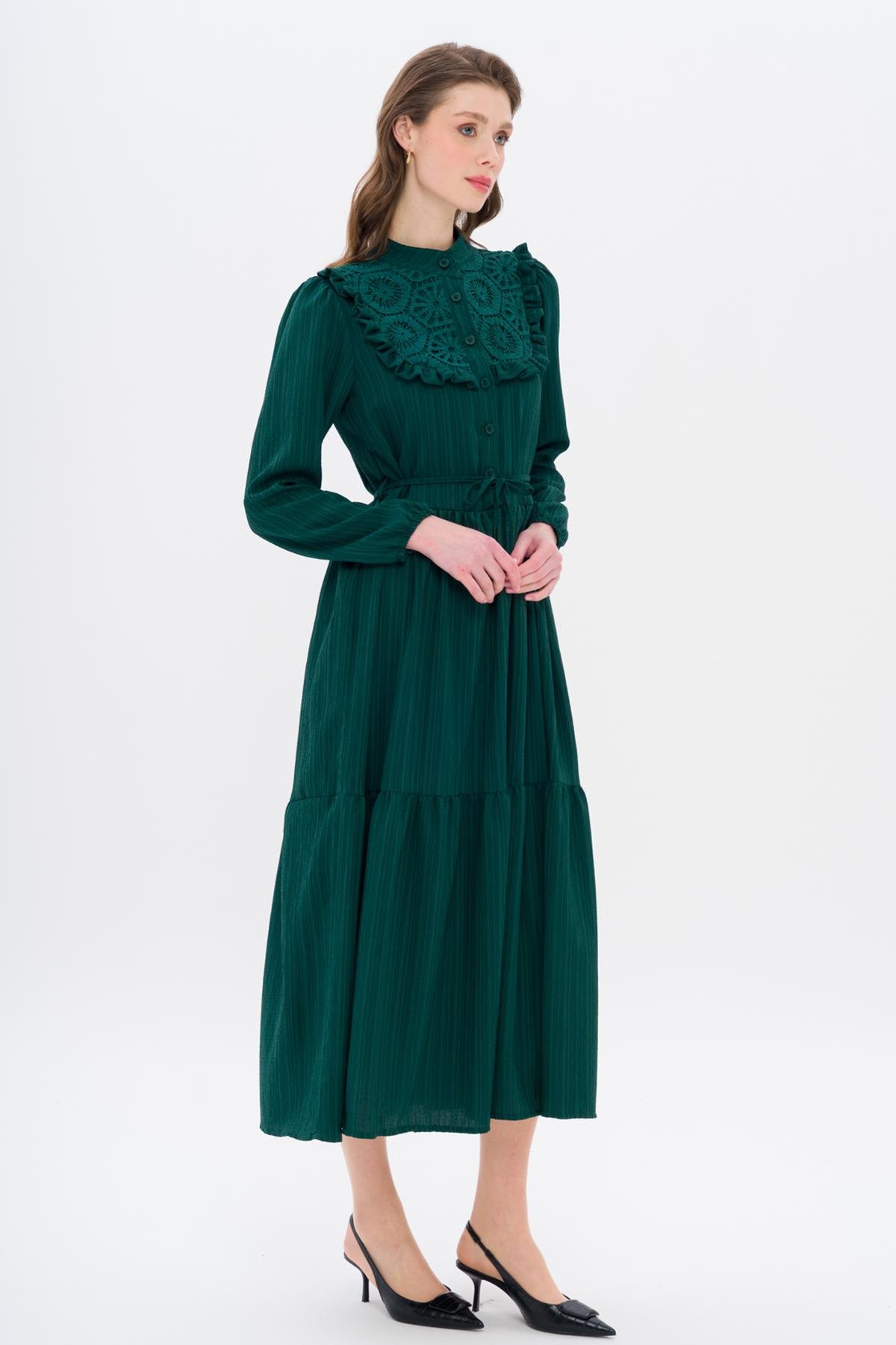 Önü FırFır ve Güpür Detaylı Astarlı Elbise YEŞİL 9322-E