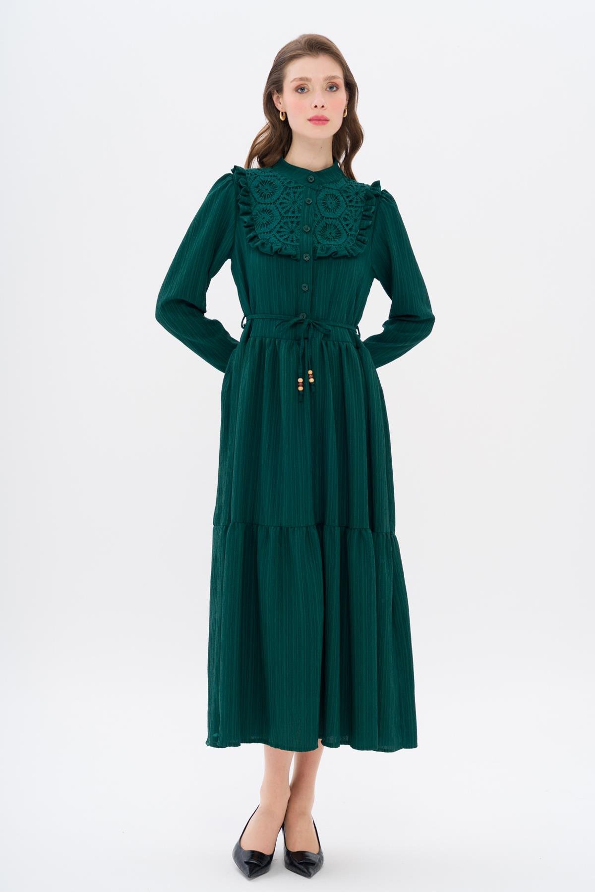 Önü FırFır ve Güpür Detaylı Astarlı Elbise YEŞİL 9322-E