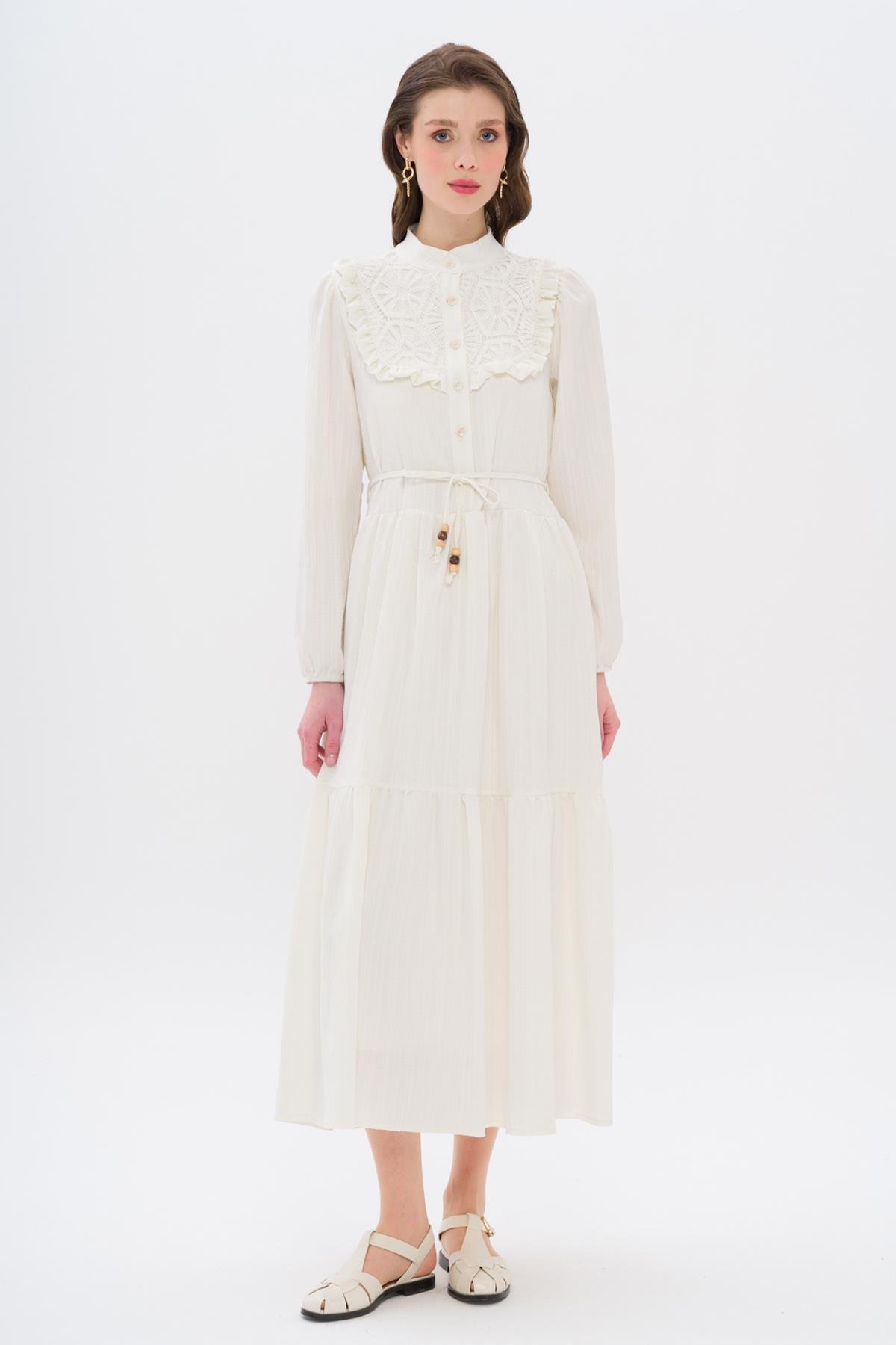 Önü FırFır ve Güpür Detaylı Astarlı Elbise EKRU 9322-E