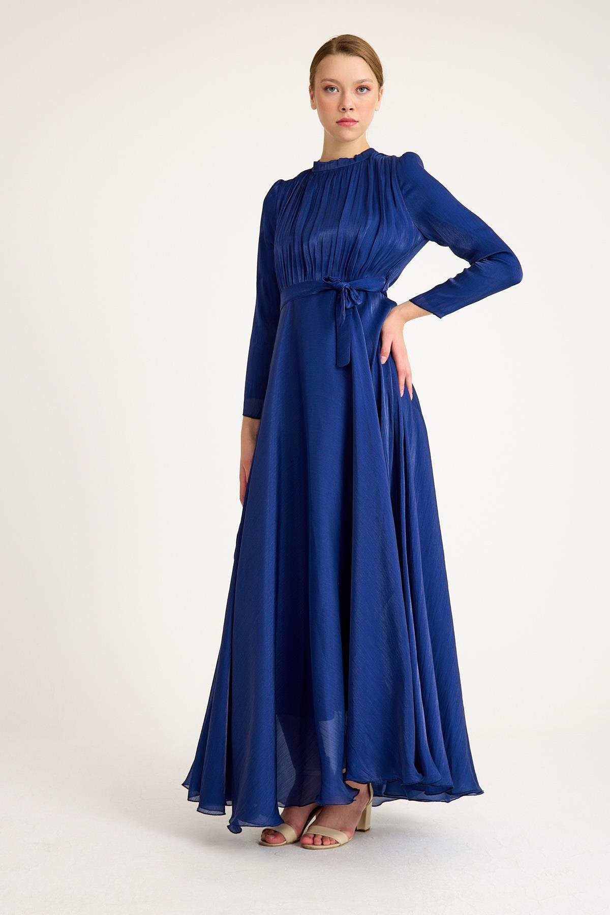 Flared Crystal Chiffon Evening Dress with Pleated Front Detail İNDİGO 4939-E