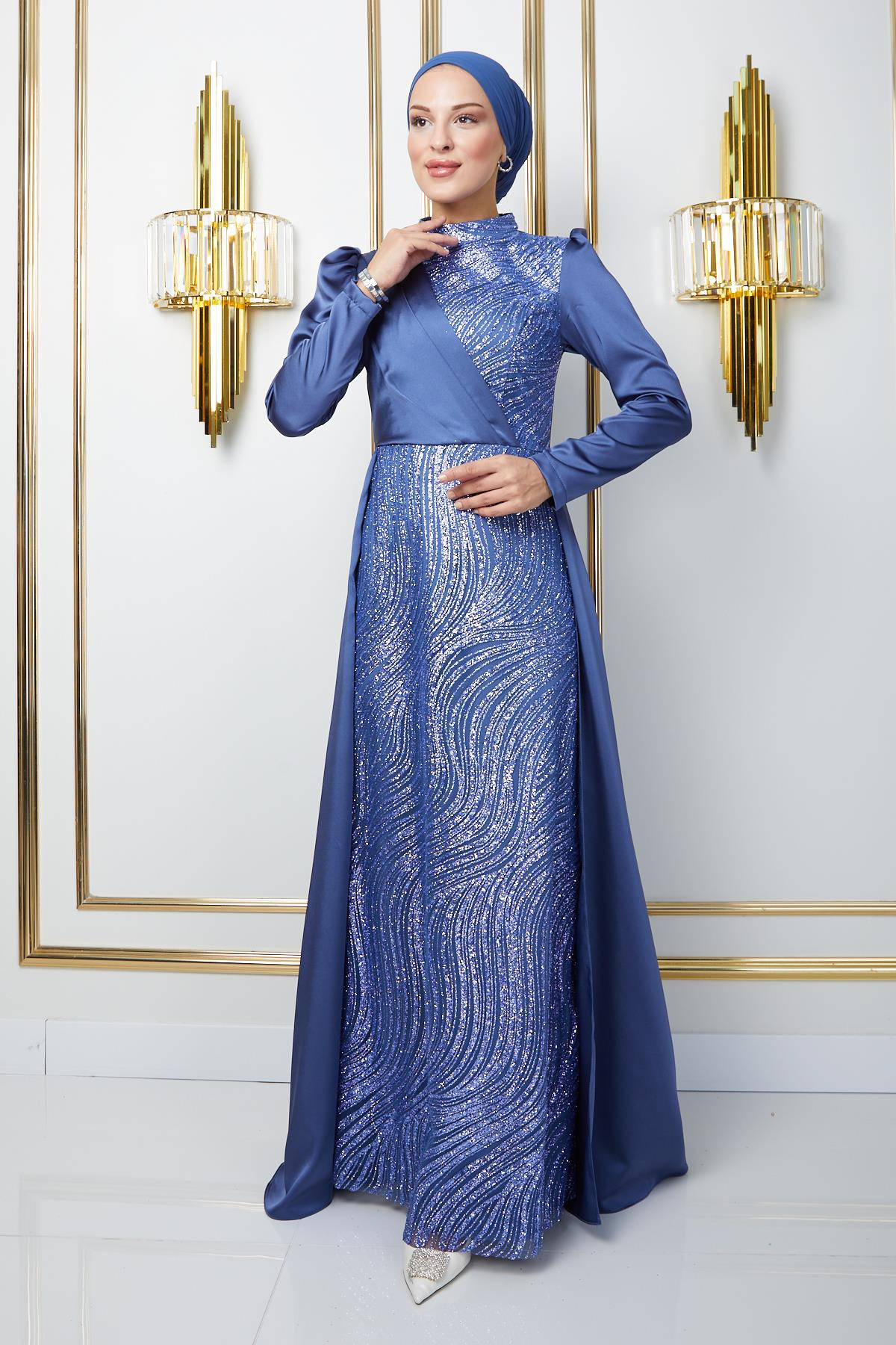 Satin Hijab Evening Dress with Cape Skirt and Sequin and Glitter Detail on the Front BLUE 1642