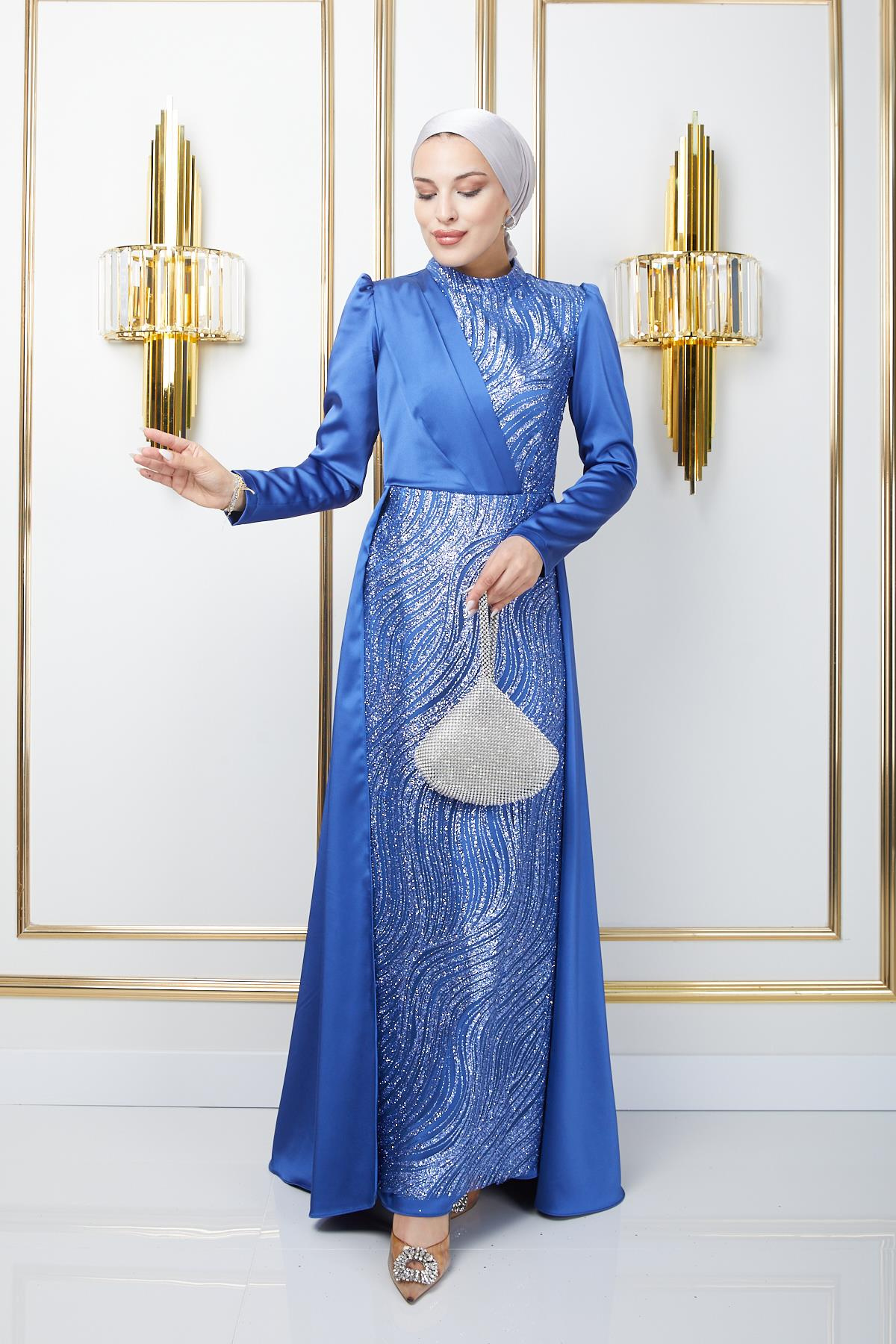 Satin Hijab Evening Dress with Cape Skirt and Sequin and Glitter Detail on the Front İNDİGO 1642