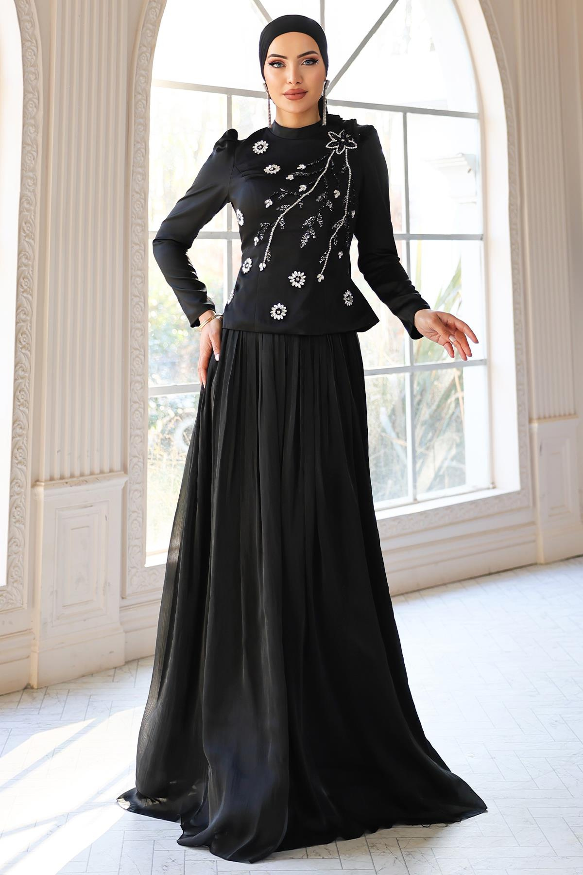 Önü Taş İşlemeli Saten Yoryo İpek Kombinli Tesettür Abiye Elbise SİYAH 1055