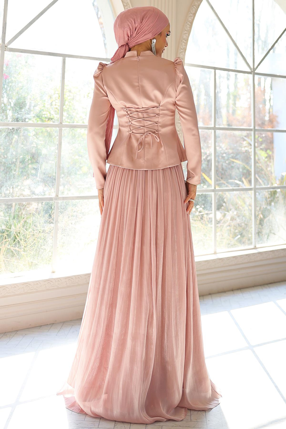 Önü Taş İşlemeli Saten Yoryo İpek Kombinli Tesettür Abiye Elbise PUDRA 1055