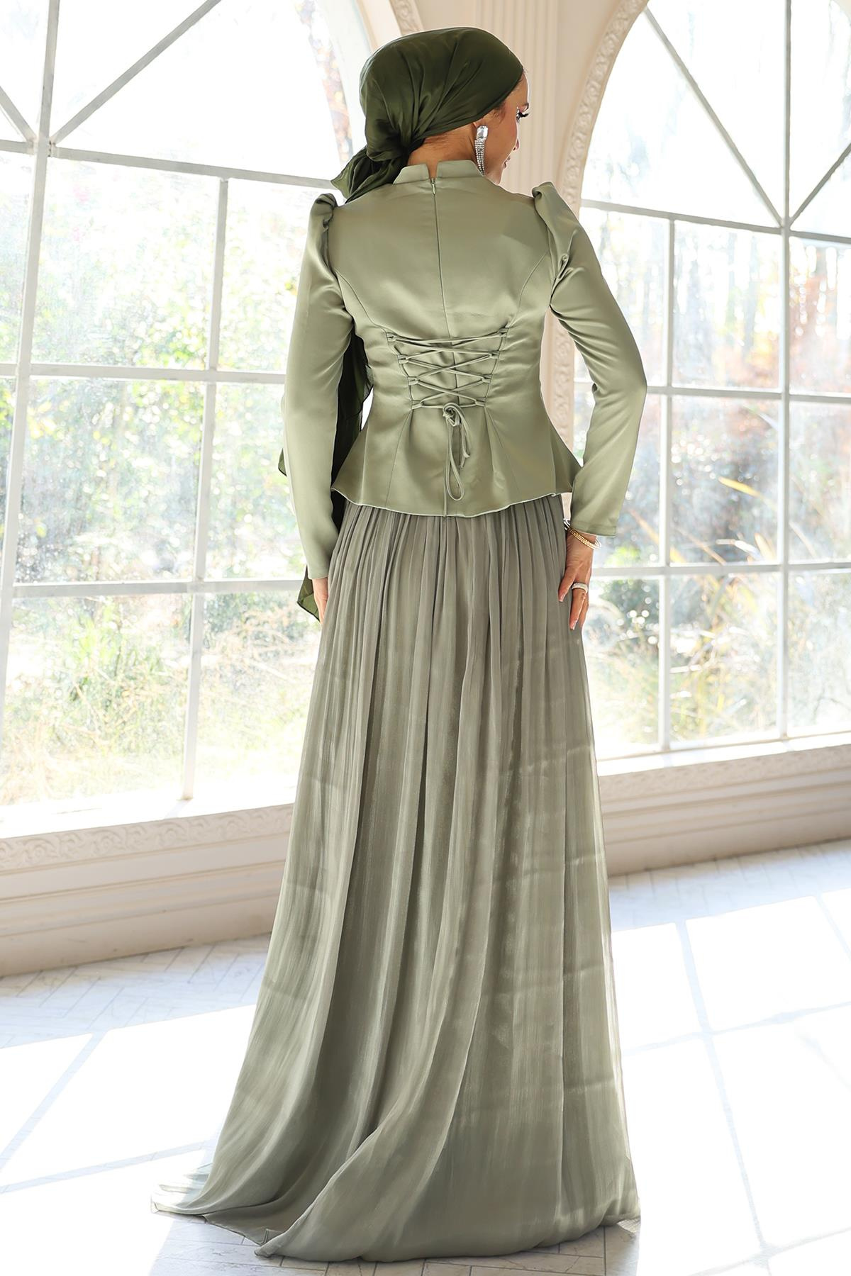 Önü Taş İşlemeli Saten Yoryo İpek Kombinli Tesettür Abiye Elbise AÇIK YEŞİL 1055