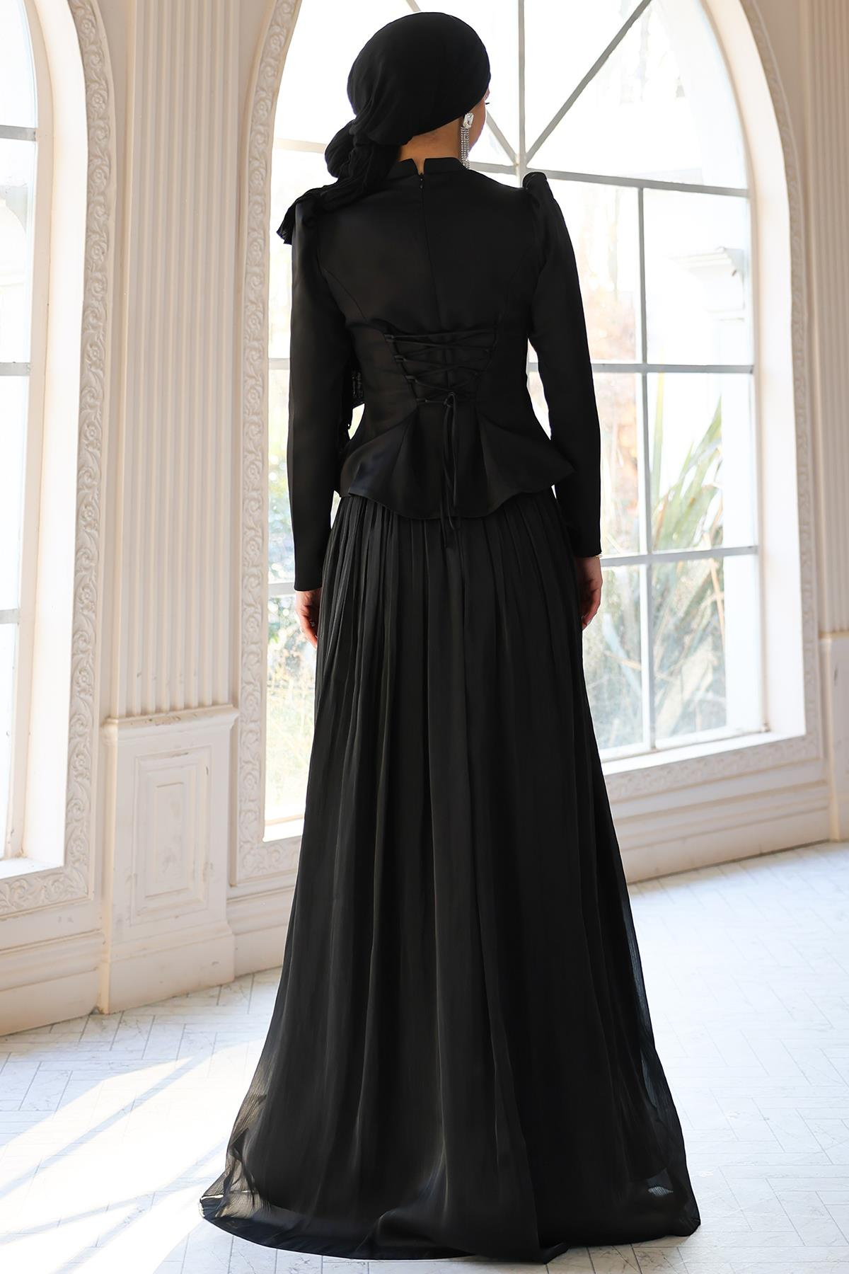 Önü Taş İşlemeli Saten Yoryo İpek Kombinli Tesettür Abiye Elbise SİYAH 1055