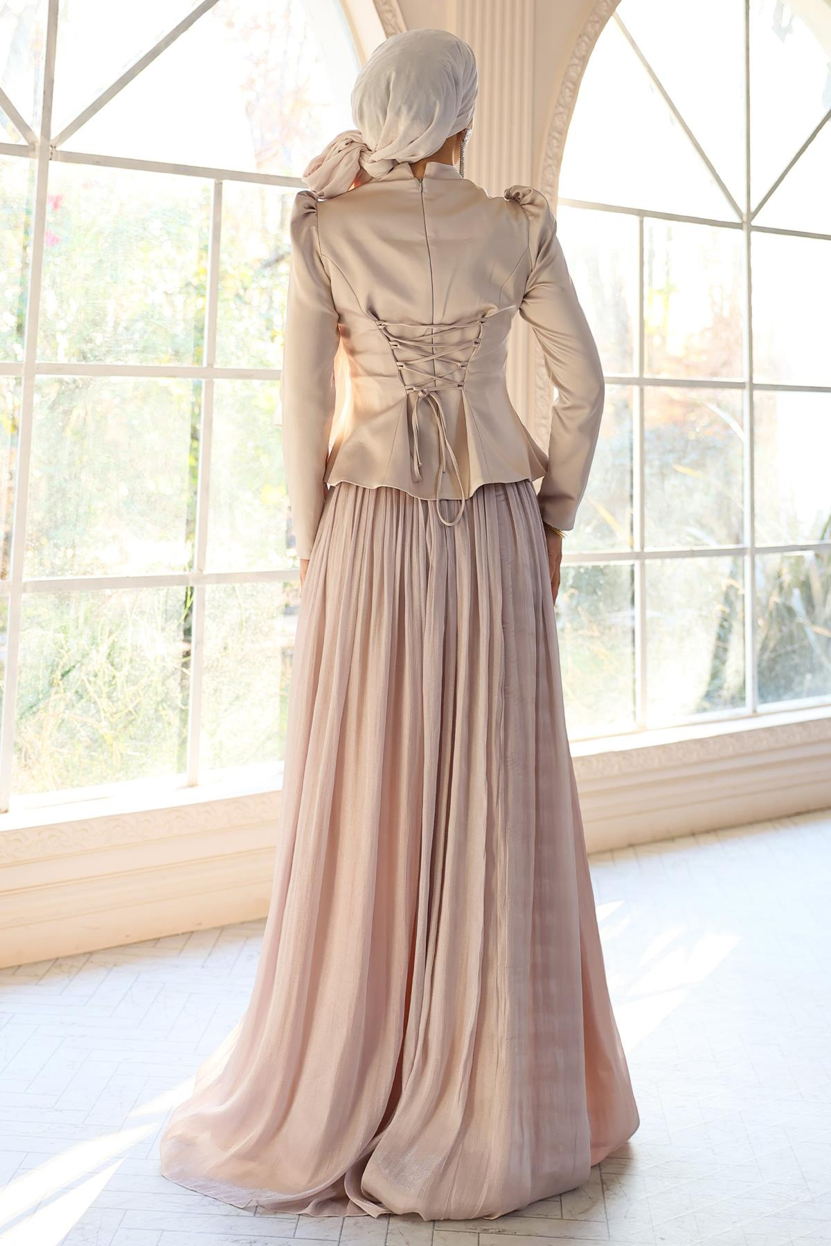 Önü Taş İşlemeli Saten Yoryo İpek Kombinli Tesettür Abiye Elbise TAŞ 1055