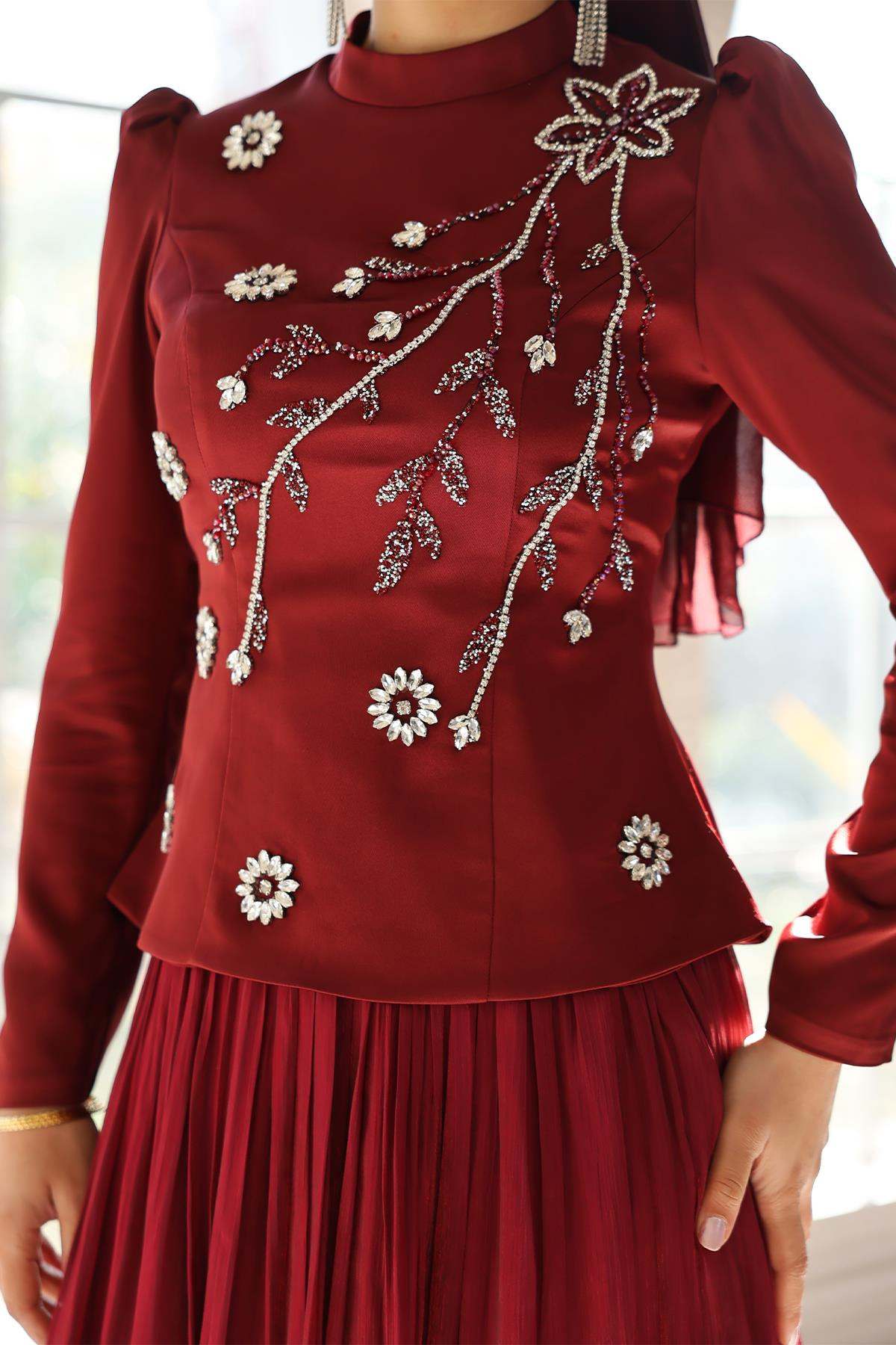 Önü Taş İşlemeli Saten Yoryo İpek Kombinli Tesettür Abiye Elbise BORDO 1055