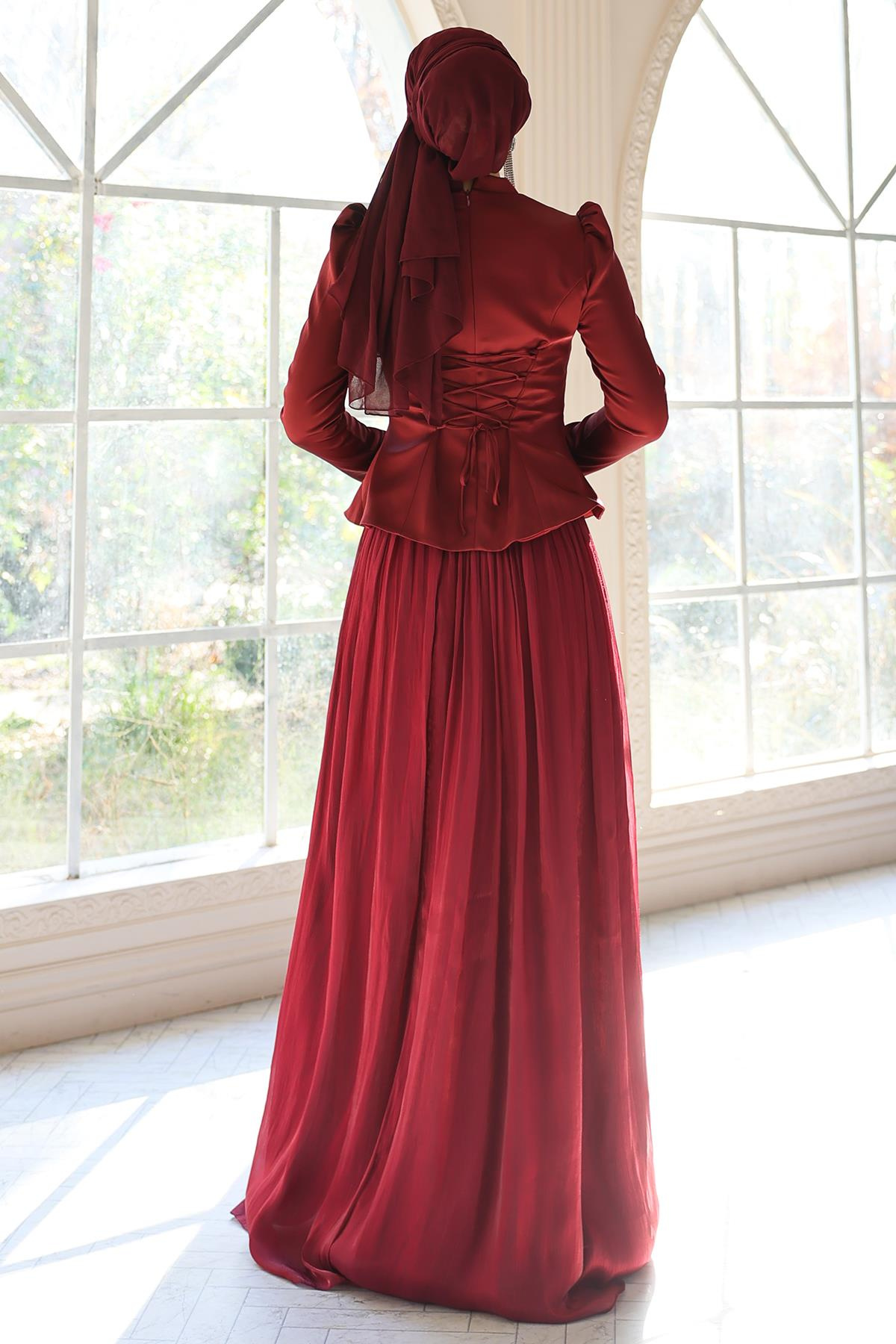 Önü Taş İşlemeli Saten Yoryo İpek Kombinli Tesettür Abiye Elbise BORDO 1055