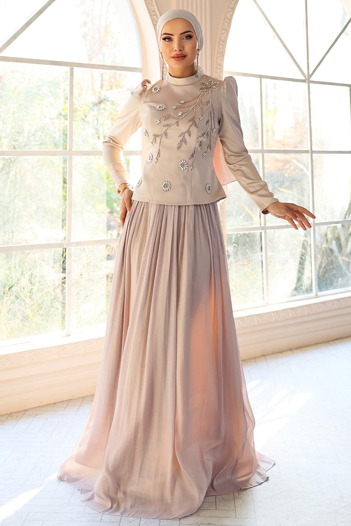 Önü Taş İşlemeli Saten Yoryo İpek Kombinli Tesettür Abiye Elbise TAŞ 1055