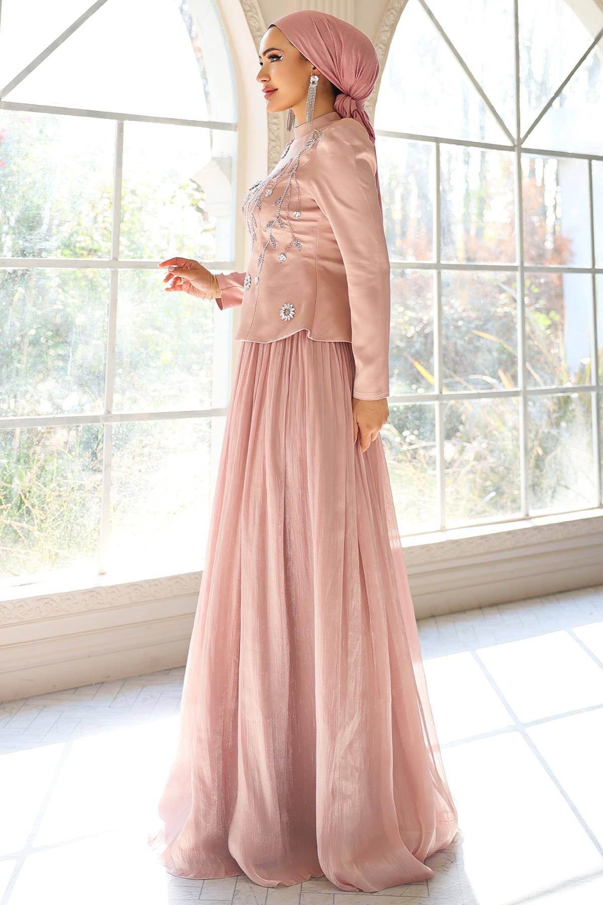 Önü Taş İşlemeli Saten Yoryo İpek Kombinli Tesettür Abiye Elbise PUDRA 1055