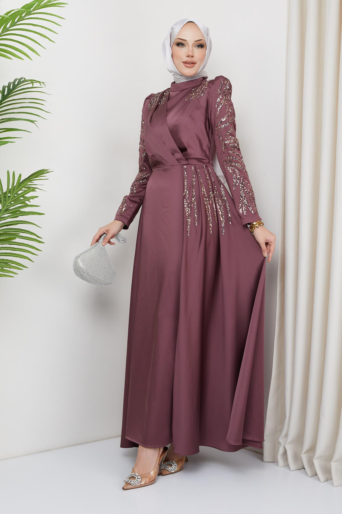 Satin Evening Dress with Sequin and Stone Details on the Front and Sleeves DRIED ROSE 1660