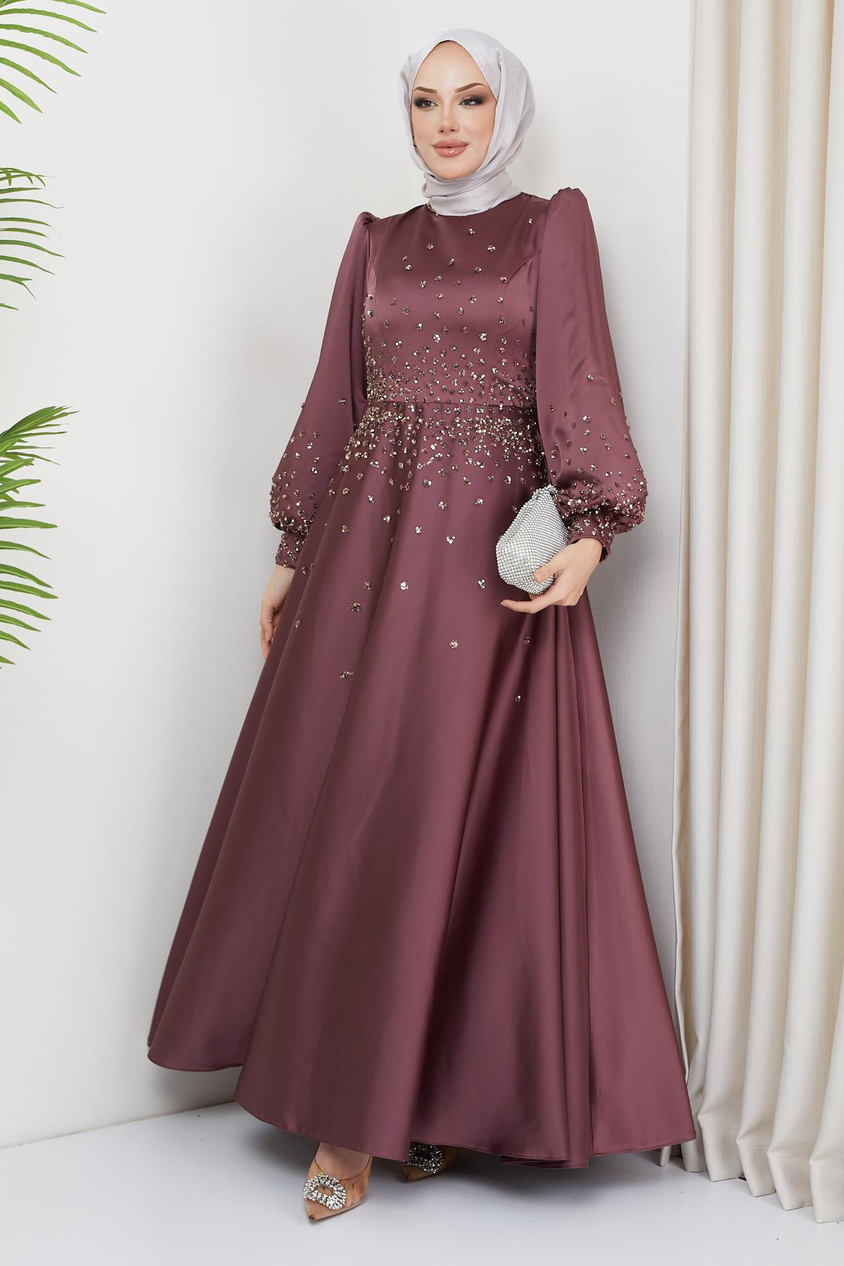 Satin Evening Dress with Scattered Stone Detail on the Front and Sleeves DRIED ROSE 1658