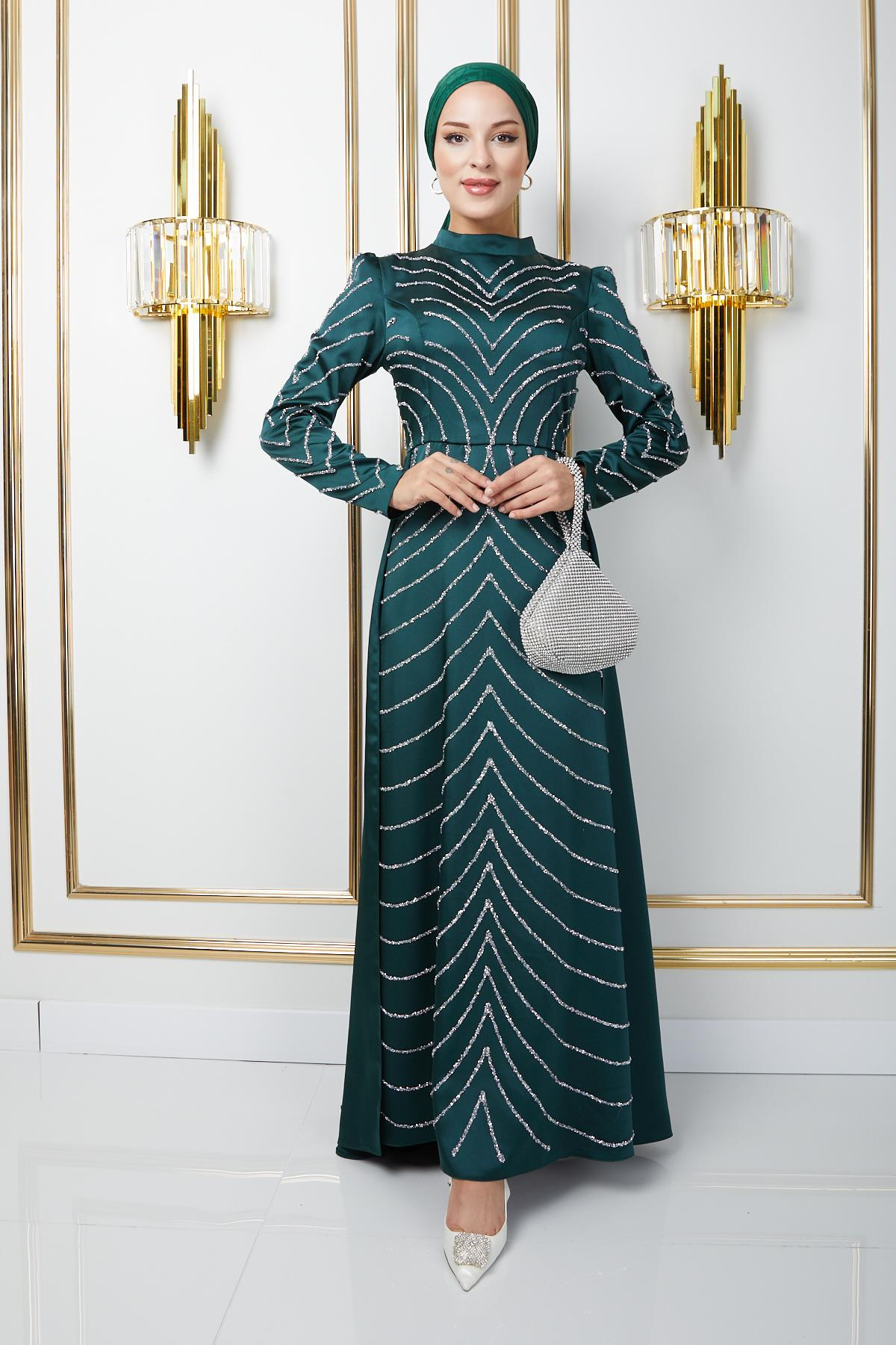 Satin Hijab Evening Dress with Stone Embellished Front and Sleeves and Cape Skirt GREEN 1674