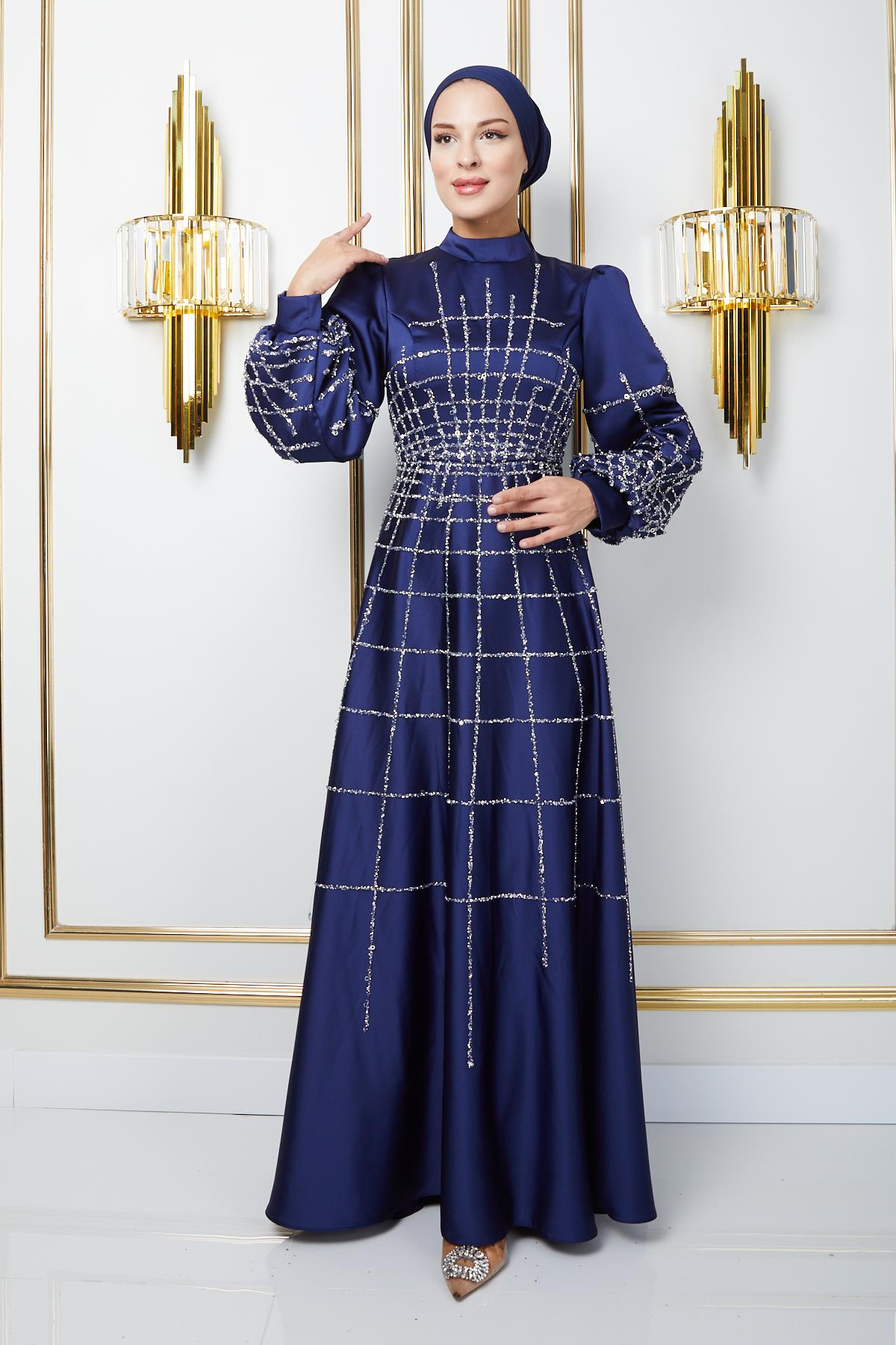 Flared Satin Hijab Evening Dress with Stone and Sequined Front and Sleeves NAVY 1675