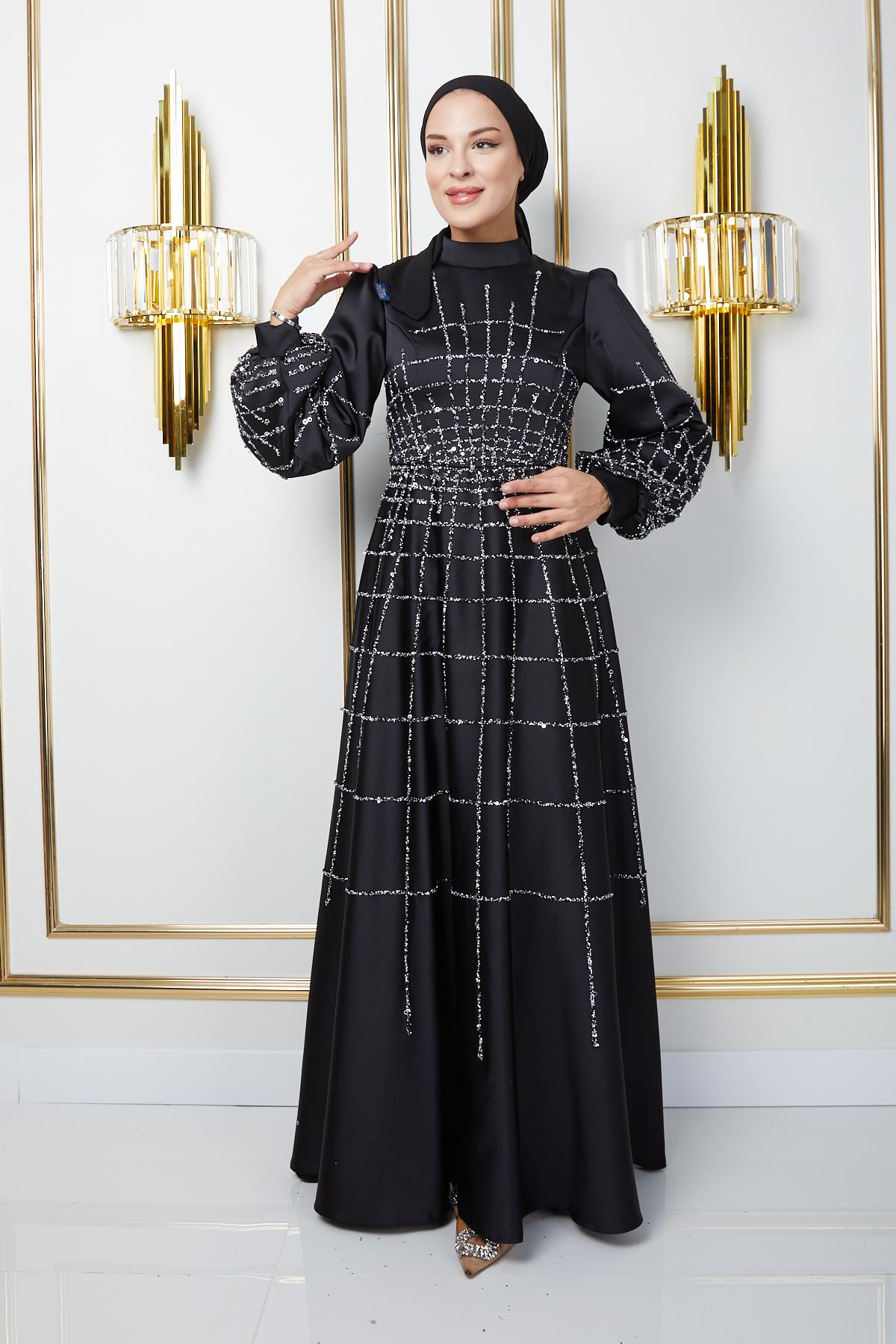 Flared Satin Hijab Evening Dress with Stone and Sequined Front and Sleeves BLACK 1675