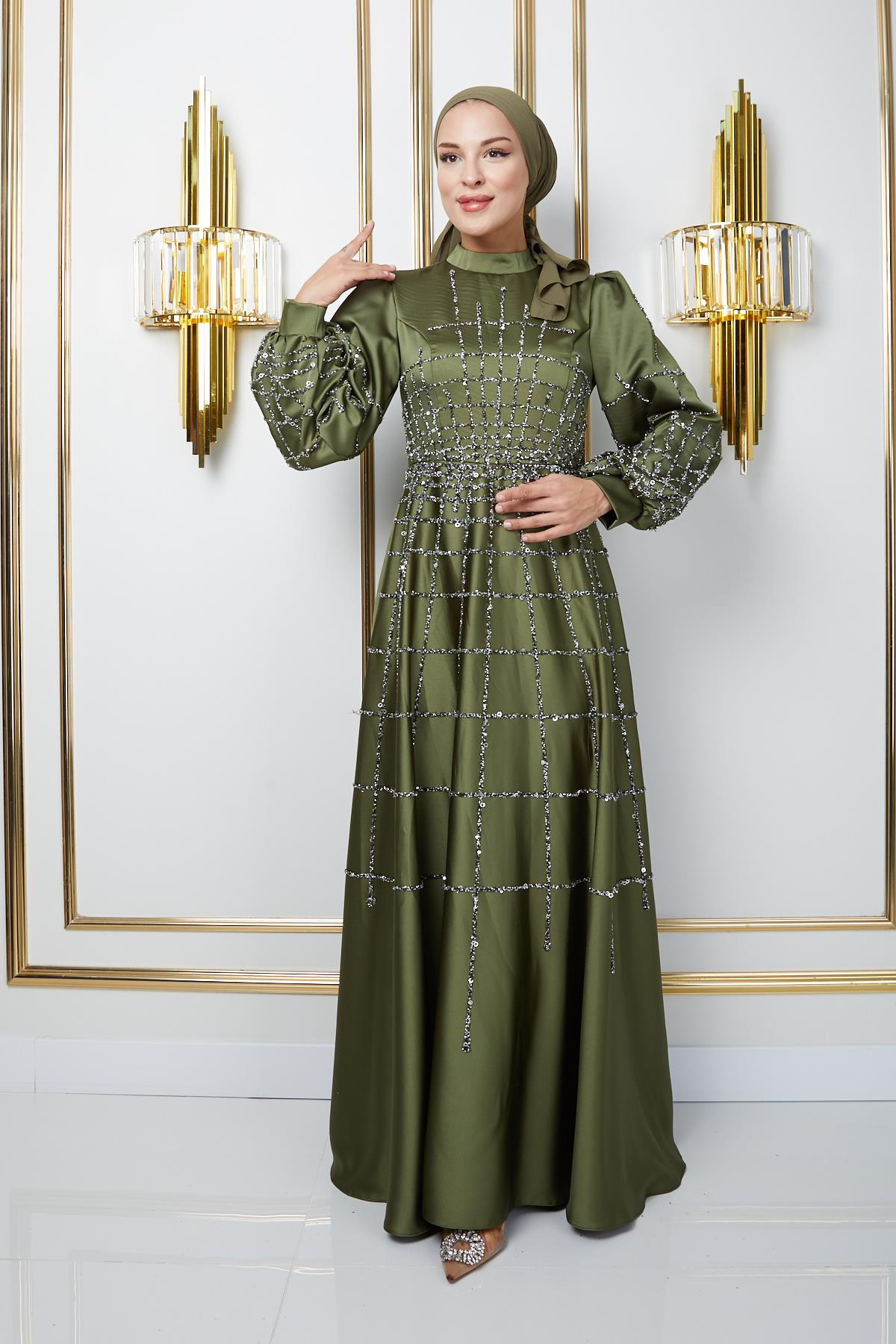 Flared Satin Hijab Evening Dress with Stone and Sequined Front and Sleeves LIGHT GREEN 1675